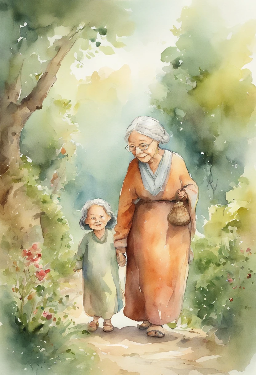 Ghibli style Simple illustration style、kawaii、An old grandmother leads a girl、独奏、Character drawing,The top two-thirds are left blank
