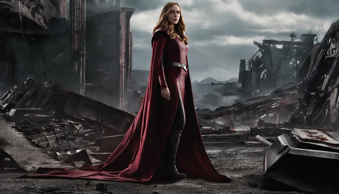 Elizabeth Olsen is Marvel's Scarlet Witch, fisiculturista, super forte, musculoso, com abdominais, vestindo uma malha vermelha sem mangas, pink tights, Red boots and opera gloves, a red cape with a bow around his neck and a helmet framing his face, with the backdrop of a chaotic hell, Lente de 35 mm, fotografia, ultra detalhe, HDR, UHD,8k