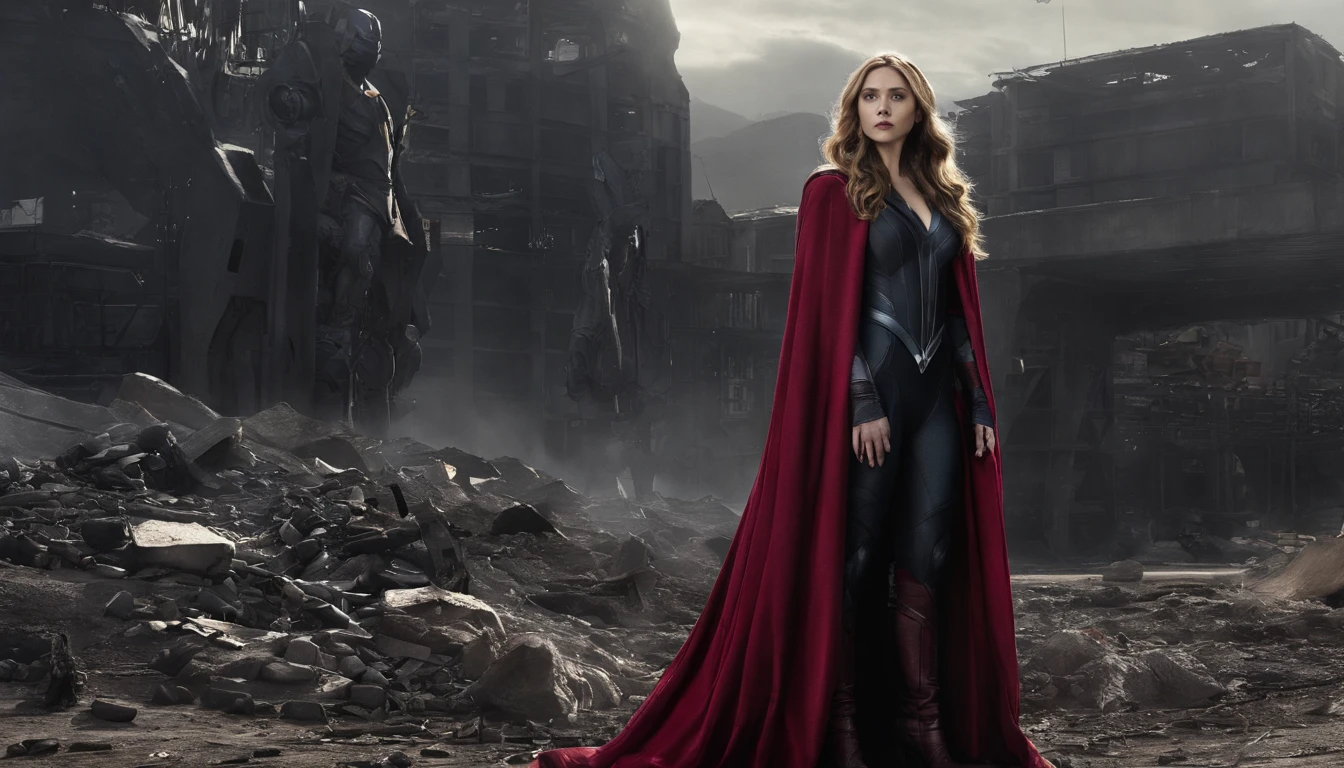 Elizabeth Olsen is Marvel's Scarlet Witch, fisiculturista, super forte, musculoso, com abdominais, vestindo uma malha vermelha sem mangas, pink tights, Red boots and opera gloves, a red cape with a bow around his neck and a helmet framing his face, with the backdrop of a chaotic hell, Lente de 35 mm, fotografia, ultra detalhe, HDR, UHD,8k