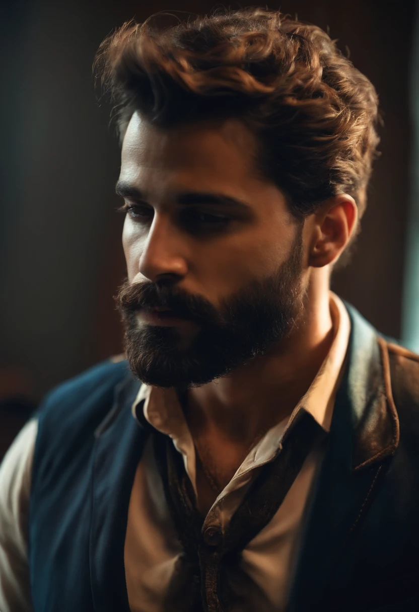Homem lindo , barba rala , segurando uma arma , Cop