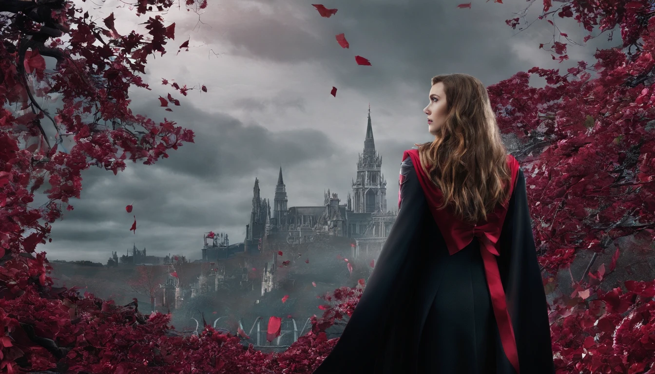 Elizabeth Olsen is Marvel's Scarlet Witch, fisiculturista, super forte, musculoso, com abdominais, vestindo uma malha vermelha sem mangas, pink tights, Red boots and opera gloves, a red cape with a bow around his neck and a helmet framing his face, with the backdrop of a chaotic hell, Lente de 35 mm, fotografia, ultra detalhe, HDR, UHD,8k