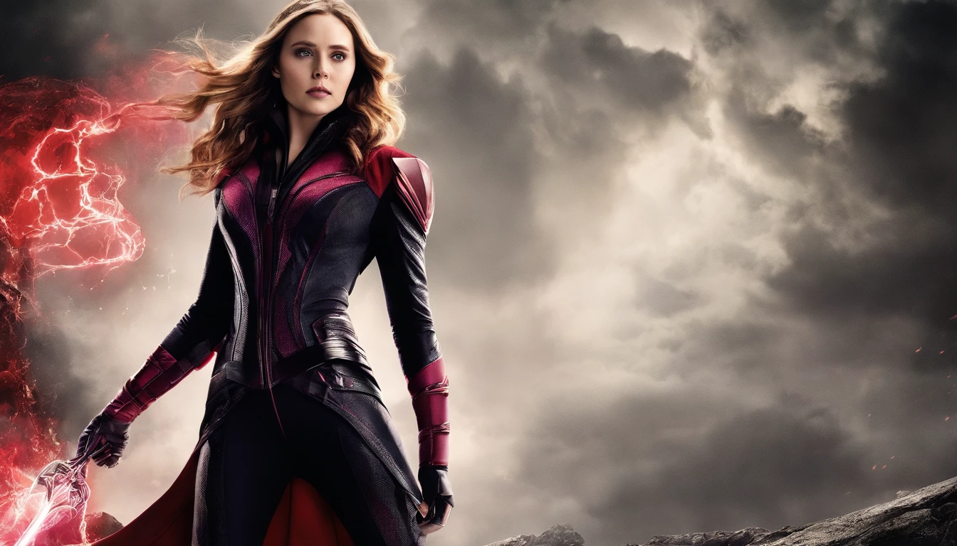 Elizabeth Olsen is Marvel's Scarlet Witch, fisiculturista, super forte, musculoso, com abdominais, vestindo uma malha vermelha sem mangas, pink tights, Red boots and opera gloves, a red cape with a bow around his neck and a helmet framing his face, with the backdrop of a chaotic hell, Lente de 35 mm, fotografia, ultra detalhe, HDR, UHD,8k