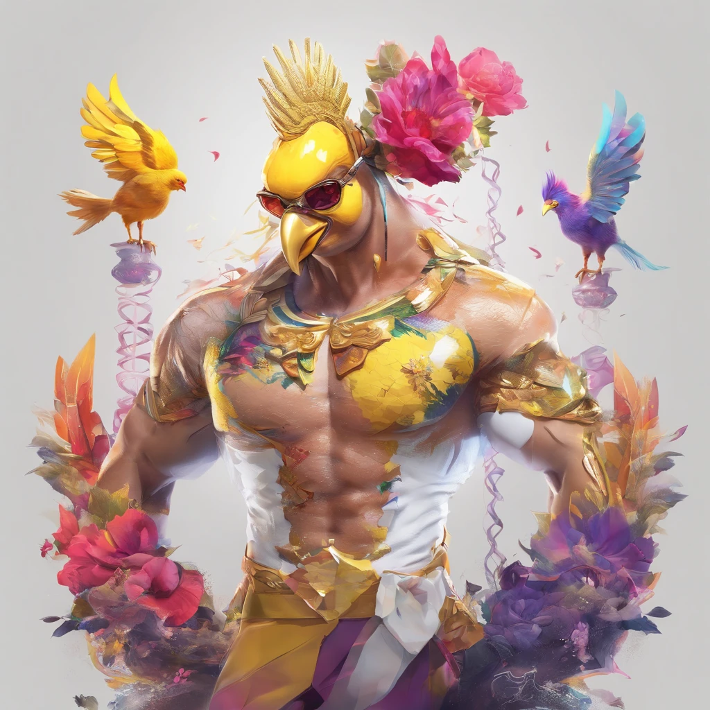 body builder、Only the head is a chicken human、colourfull、Perfect alignment, body builder、Chickens only the head,Crystal Vase,Rose flower, Wearing sunglasses, cheerfulness, Standing position, Abstract beauty, Centered, Looking at the camera, Facing the camera, Approaching perfection, Dynamic, Highly detailed, Smooth, Sharp Focus, 8K, hight resolution, Illustration, art by carne griffiths and wadim kashin, White background、Kitchen car、body builder、Man with a chicken head、Create a captivating photoshoot featuring Chicken Man, Wear a magnificent tanjak as a traditional headpiece. A majestic head places a chicken human on an enchanting grand throne, Castle in Another World. Use creative editing techniques、Head blends chicken human and luxurious settings seamlessly, Elevate the overall atmosphere with subtle magic and ethereal elements. This piece should evoke a strong sense of awe, power, and Enchanted, Head dressed in glittering yellow costume、Invites viewers into an enchanting and mythical world ruled by a human chicken king