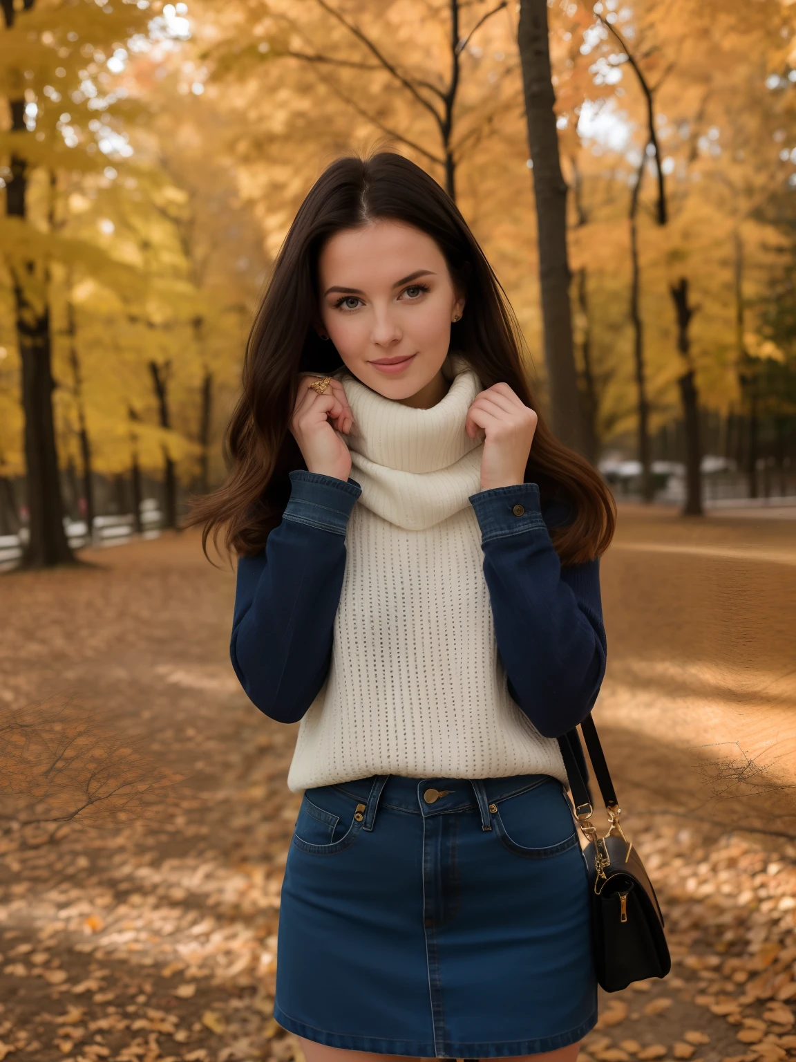 arafed woman in a denim skirt and a white sweater and a black purse, wearing turtleneck, wearing a turtleneck and jacket, style of julia razumova, in fall, anna nikonova aka newmilky, fall season, wearing a sweater, anna nikonova, in the autumn, cute young woman, in white turtleneck shirt