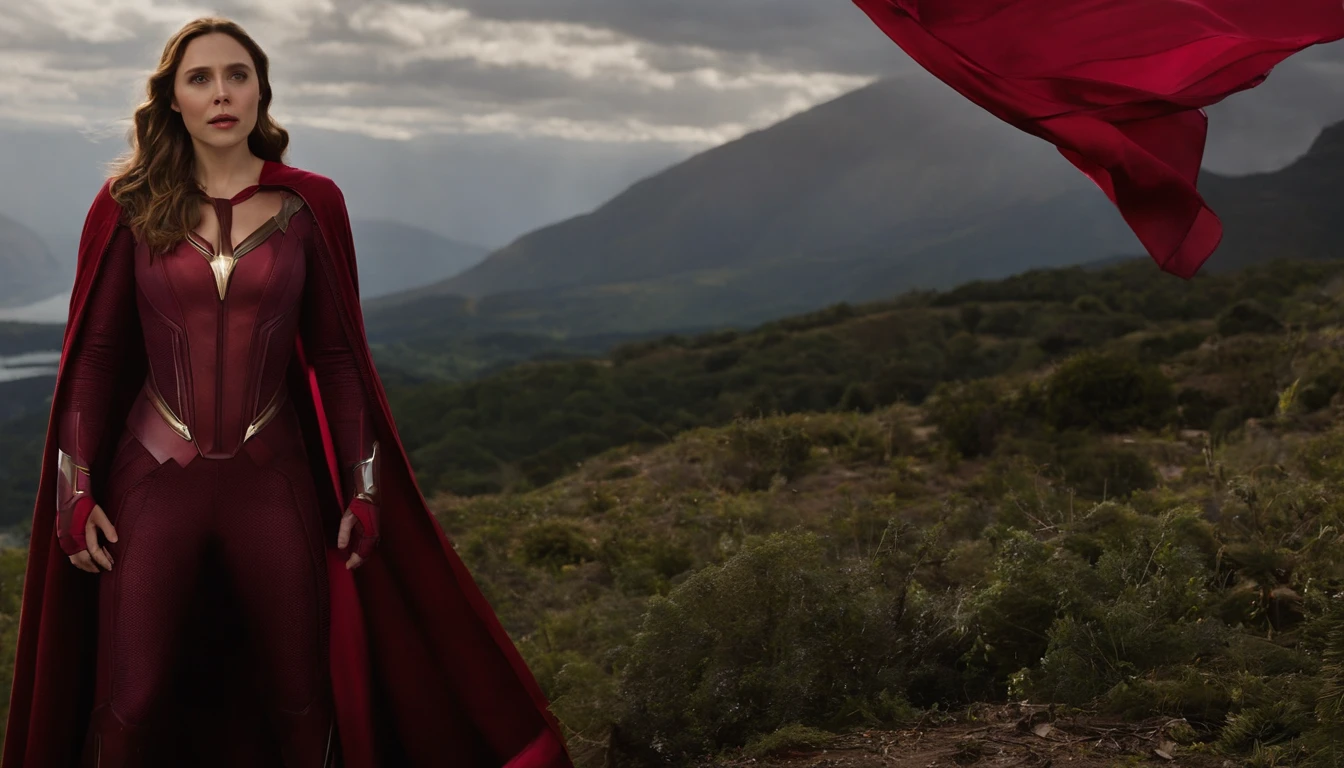 Elizabeth Olsen is Marvel's Scarlet Witch, fisiculturista, super forte, musculoso, com abdominais, vestindo uma malha vermelha sem mangas, pink tights, Red boots and opera gloves, a red cape with a bow around his neck and a helmet framing his face, with the backdrop of a chaotic hell, Lente de 35 mm, fotografia, ultra detalhe, HDR, UHD,8k