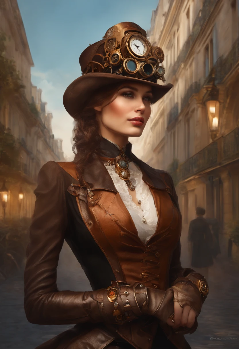 photo de (( )), wear stylish steampunk clothes, modern in Paris , complexe, elegant, highly detailed, digital painting, ArtStation, Art conceptuel, lisse, mise au point nette, illu0.8, Art par Artgerm et Greg Rutkowski et Alphonse Mucha