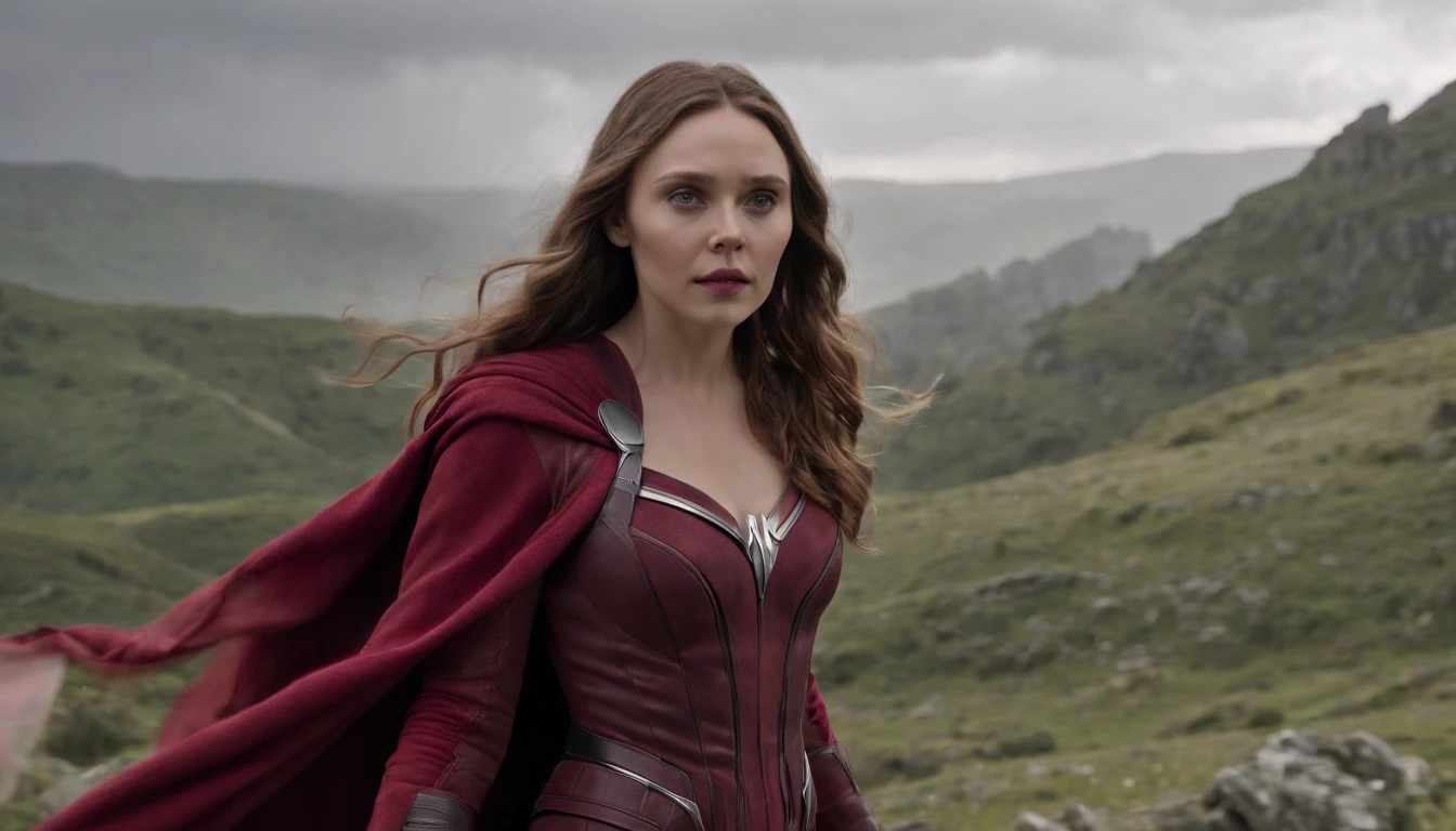 Elizabeth Olsen is Marvel's Scarlet Witch, fisiculturista, super forte, musculoso, com abdominais, vestindo uma malha vermelha sem mangas, pink tights, Red boots and opera gloves, a red cape with a bow around his neck and a helmet framing his face, with the backdrop of a chaotic hell, Lente de 35 mm, fotografia, ultra detalhe, HDR, UHD,8k