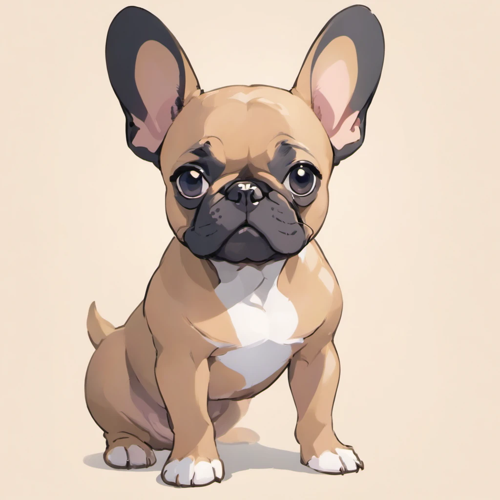 A French Bulldog, often referred to as a "Frenchie," is a small, compact breed known for its distinctive appearance. These dogs have a muscular yet compact body with a sturdy build. Their most prominent features include a short, smooth coat, a pushed-in nose, and expressive facial characteristics.

French Bulldogs have a rounded skull that is proportionate to their body size. Their forehead is slightly flat, and they have a well-defined stop, creating a clear separation between the skull and the short, stout muzzle. The muzzle is broad and square, giving them their characteristic flat-faced, or brachycephalic, appearance.

Their eyes are large, dark, and round, set wide apart on the face. The ears of a French Bulldog are typically bat-like in shape, medium in size, and stand erect. They are carried high on the head and may be rounded at the tips.

One of the most defining features of French Bulldogs is their short, stocky neck, which is well-muscled and slightly arched. Their body is compact and muscular, with a broad chest and a deep, slightly rounded ribcage. Their back is short and straight, leading to a well-rounded, muscular rump.

Frenchies have a short, straight tail, often referred to as a "screw tail" because it is twisted or corkscrewed. Their limbs are short and sturdy, with straight, strong bones. Their paws are compact and round.

Their coat is smooth and short, with a fine texture. French Bulldogs come in various coat colors, including brindle (a mix of dark and light stripes), fawn (solid beige with a black mask), cream, and pied (a combination of white and another color).

Overall, French Bulldogs are known for their charming and adorable appearance, characterized by their small size, compact build, flat face, and expressive, soulful eyes.