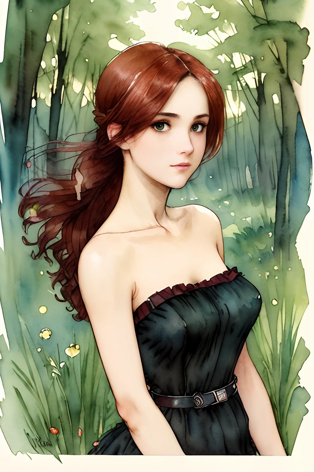 (best quality), ((masterpiece)), 8k 25 year old, redhead girl, alluring, armpit lenght hair (((upturned eyes))) cute ((strapless black dress)) slender build, ((corkscrew hairstyle)) ((( william waterhouse watercolor  ))) muted palette, in the forest at night (( full shot ))