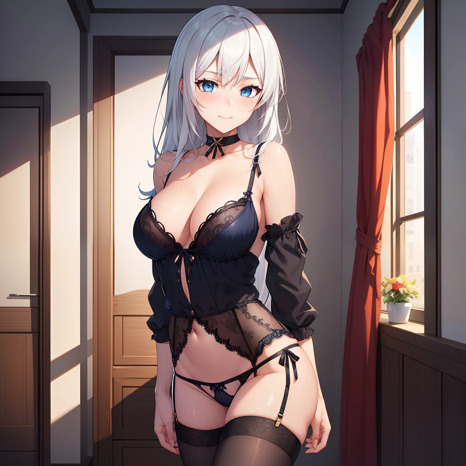 1girl,big breasts,standing in bed,(8k),detailed face,white hair,navy blue eyes,very long hair,embarassed,small smile face, high_res, high_definition,sexy pose, black Lace lingerie, (Sexy lingerie Custome:1.1),