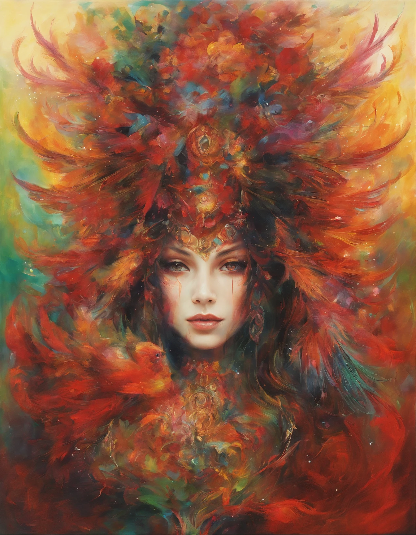Crie uma pintura impressionistade um cavaleiro guerreiro assustador, neve, cinzas cosmicas, (olhando para a frente) , Sober, (fundo preto), UHD 8k, Very high quality for excellent printing. Lighting that highlights the figure in relation to the background, cores verde, amarelo e vermelho, artistic, intrincado