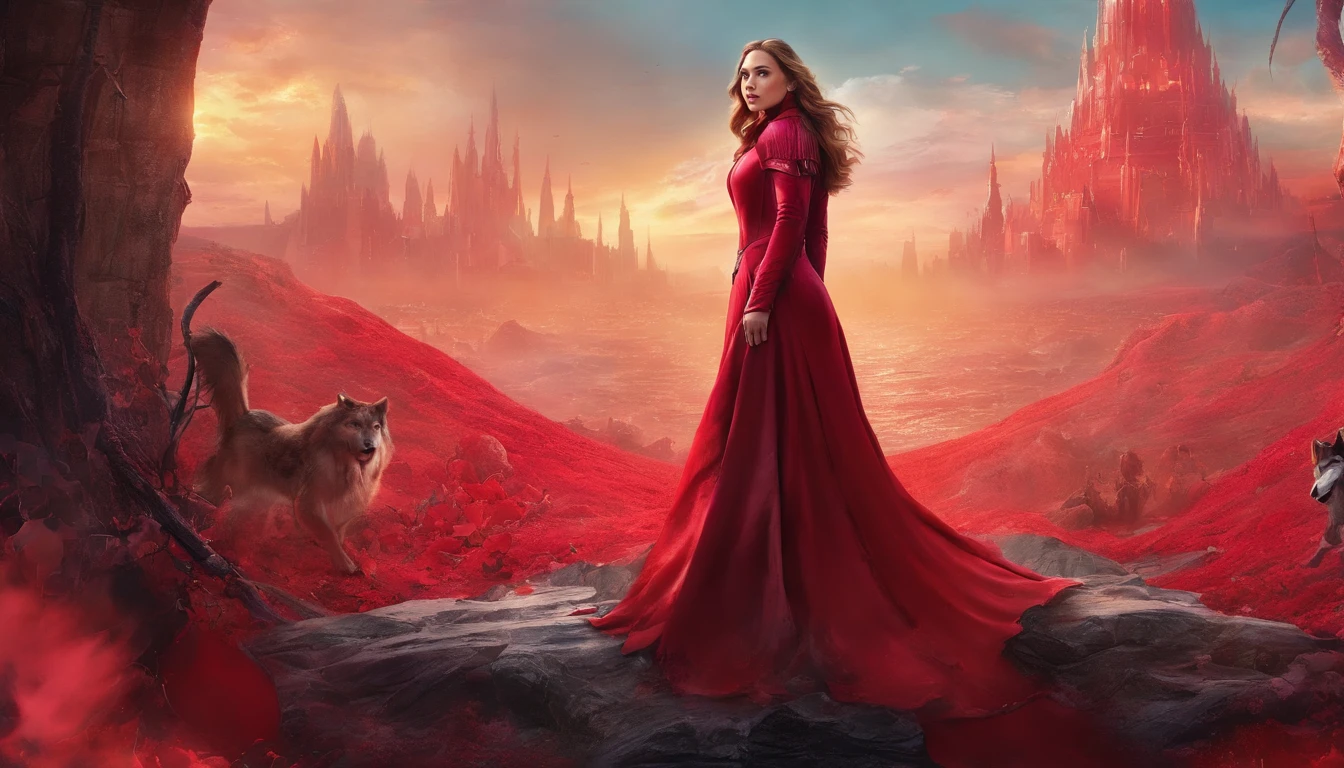 Elizabeth Olsen is Marvel's Scarlet Witch, fisiculturista, super forte, musculoso, com abdominais, vestindo uma malha vermelha sem mangas, pink tights, Red boots and opera gloves, a red cape with a bow around his neck and a helmet framing his face, with the backdrop of a chaotic hell, Lente de 35 mm, fotografia, ultra detalhe, HDR, UHD,8k