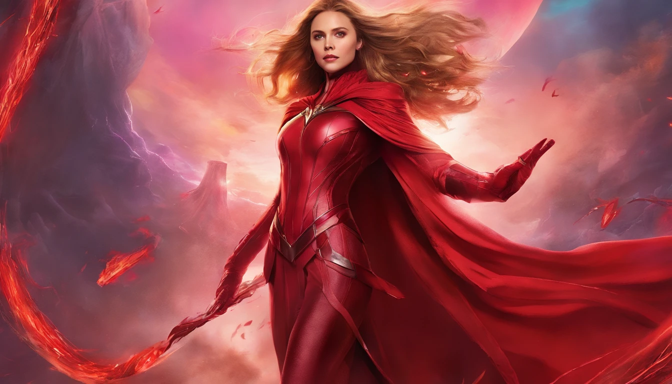 Elizabeth Olsen is Marvel's Scarlet Witch, fisiculturista, super forte, musculoso, com abdominais, vestindo uma malha vermelha sem mangas, pink tights, Red boots and opera gloves, a red cape with a bow around his neck and a helmet framing his face, with the backdrop of a chaotic hell, Lente de 35 mm, fotografia, ultra detalhe, HDR, UHD,8k