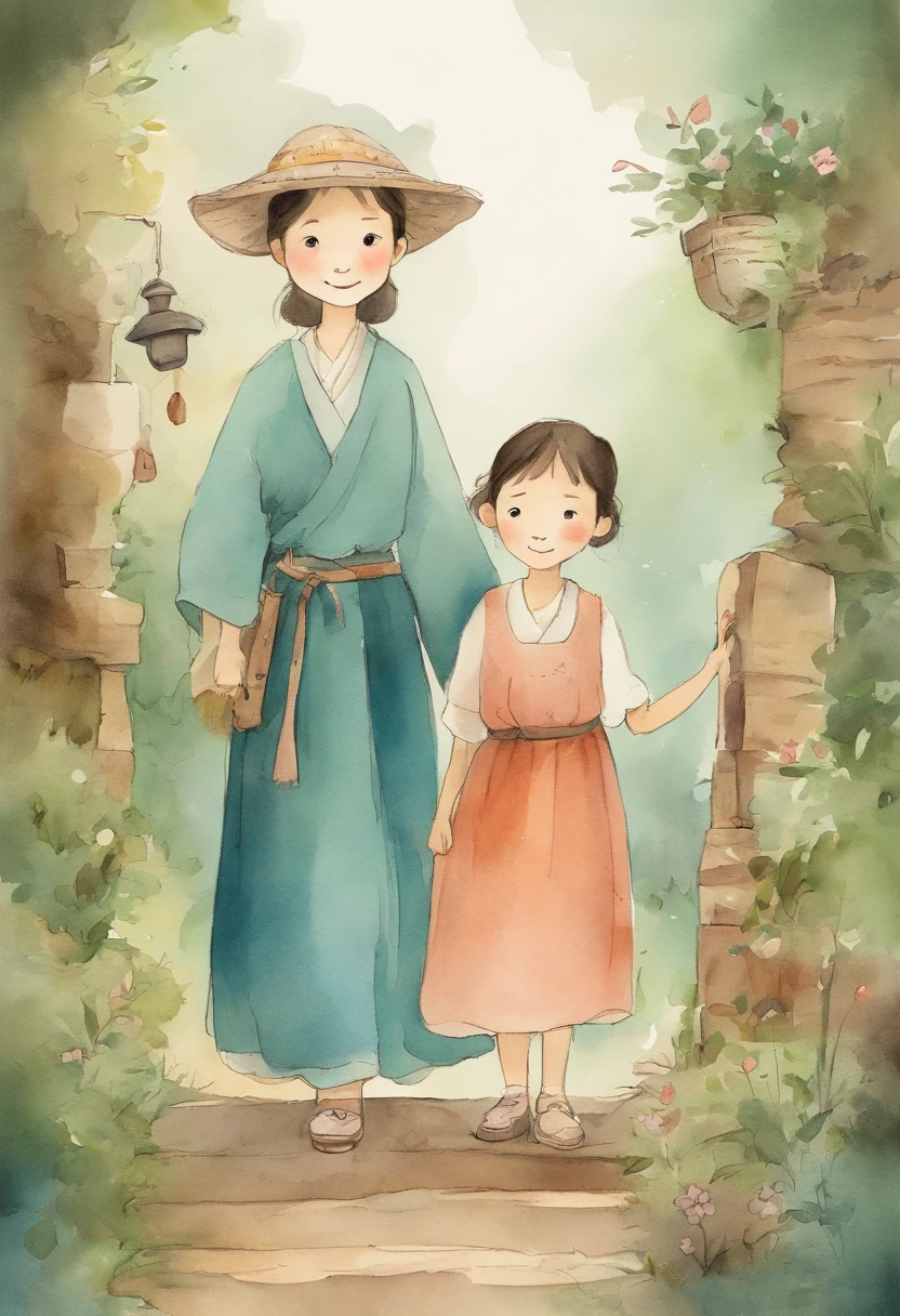 Ghibli style Simple illustration style、kawaii、Little girl and grandmother、独奏、Character drawing,The top two-thirds are left blank
