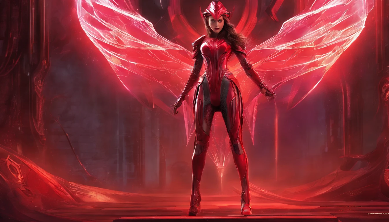 "An artistic depiction of the Scarlet Witch transformed into a mystical and technologically advanced robot. The art style combines the warping abilities of reality and the sorceress presence of the Scarlet Witch with the advanced design of a robot. The robot is set against the backdrop of spinning magical energies and futuristic technology, exuding an aura of enchantment and innovation. The transformation design perfectly integrates the red costume of the Scarlet Witch, along with his iconic headpiece and mystical powers, in robotic form. This image draws inspiration from both Marvel Comics and the aesthetics of science fiction, creating a captivating blend of magic and mechanical brilliance. The camera angle captures the robotic character in a fascinating and otherworldly pose. Rendering style combines metallic textures, magic colors, and dynamic lighting to emphasize the fusion of mysticism and advanced machinery."