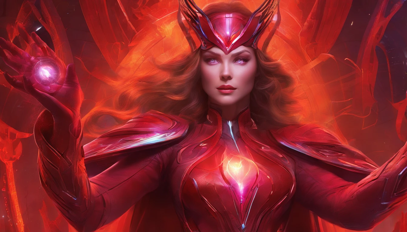 "An artistic depiction of the Scarlet Witch transformed into a mystical and technologically advanced robot. The art style combines the warping abilities of reality and the sorceress presence of the Scarlet Witch with the advanced design of a robot. The robot is set against the backdrop of spinning magical energies and futuristic technology, exuding an aura of enchantment and innovation. The transformation design perfectly integrates the red costume of the Scarlet Witch, along with his iconic headpiece and mystical powers, in robotic form. This image draws inspiration from both Marvel Comics and the aesthetics of science fiction, creating a captivating blend of magic and mechanical brilliance. The camera angle captures the robotic character in a fascinating and otherworldly pose. Rendering style combines metallic textures, magic colors, and dynamic lighting to emphasize the fusion of mysticism and advanced machinery."