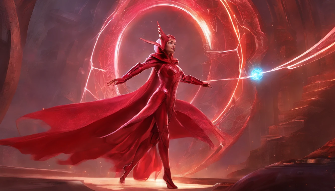 "An artistic depiction of the Scarlet Witch transformed into a mystical and technologically advanced robot. The art style combines the warping abilities of reality and the sorceress presence of the Scarlet Witch with the advanced design of a robot. The robot is set against the backdrop of spinning magical energies and futuristic technology, exuding an aura of enchantment and innovation. The transformation design perfectly integrates the red costume of the Scarlet Witch, along with his iconic headpiece and mystical powers, in robotic form. This image draws inspiration from both Marvel Comics and the aesthetics of science fiction, creating a captivating blend of magic and mechanical brilliance. The camera angle captures the robotic character in a fascinating and otherworldly pose. Rendering style combines metallic textures, magic colors, and dynamic lighting to emphasize the fusion of mysticism and advanced machinery."