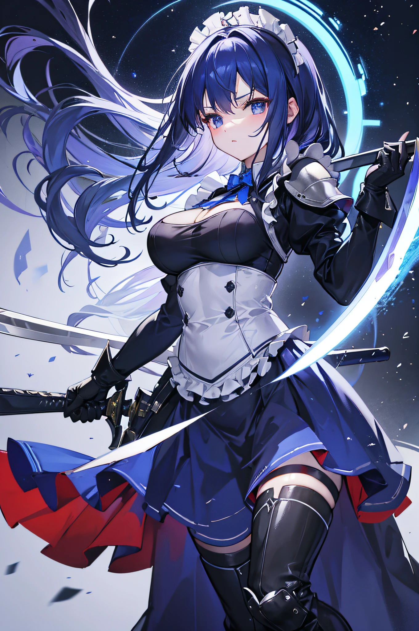 4K,hight resolution,Only woman,Dark blue hair,Twin-tailed,maid clothes,Long skirt,Long sleeves,armor gloves,Armor Boots,Chest Armer,The sword