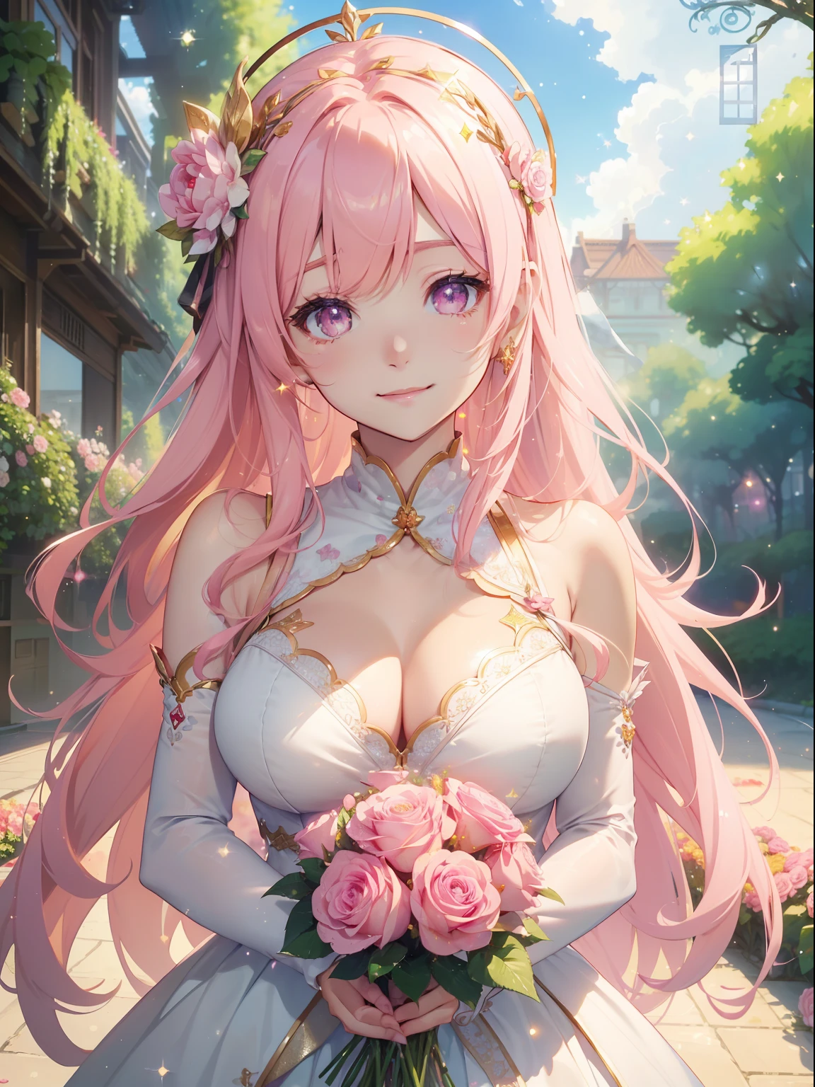 masutepiece, High resolution, 8K, anime woman, Delicate and detailed writing 、Detailed digital illustration、Very long hair and shiny、Bangs、a very beautiful woman、Eyes are double, Large, Bust is D cup、High image quality, High quality、Detailed background、(((Wearing idol clothes)))、((Colorful flower garden、Very beautiful background of clouds and rainbow in the sky))、(The inside of the eye shines like a diamond、Light pink hair、Gradient pupil、(((2 arms、4 fingers, 1 thumb)))、Detailed female face、Very beautiful and cute woman、、细致背景、masterpiece、Soft Focus , Bright gradient watercolor , Lens Flare , (((Glitter))) , Glow , Dreamy , 、Less exposure、Nothing at hand、Idol、Pink ribbon、Very beautiful red rose hair accessories、Pink and gold outfit、White is the main costume、((A smile))、((Macro for the eyes))、holding a bouquet with both hands
