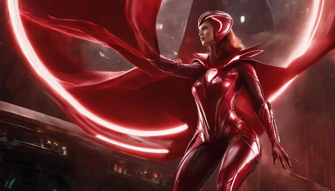 detalhes insanos, macio, (Realistic:1),(..3d:1), (altamente detalhado:1.2), master part, 8k UHD, arte digital, photorealistic portrait illustration of the Scarlet Witch from Marvel Comics, Wear gaiters around the neck,Visualizador voltado, Olhando para um espectador,olhos brancos brilhantes,Segurando a alma, Dark ruins of an ancient temple in the background, Iluminado por luz azul, lightning in the background