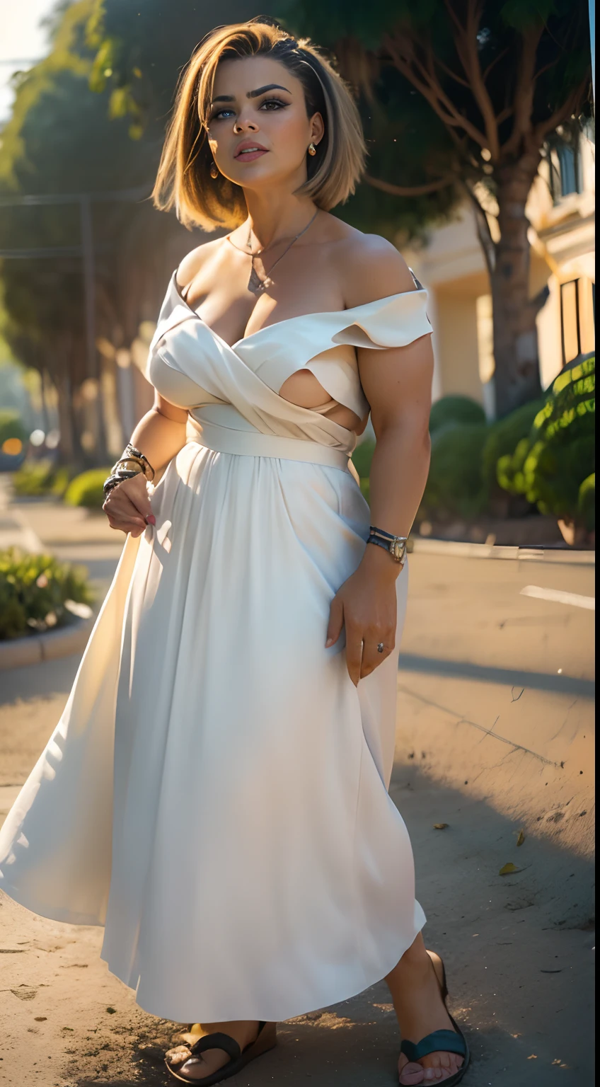 1woman, de pele branca, ((cabelos loiros:1.65)) ((cabelo curto)) ((olhos azuis:1.65)), de vestido branco e sapatinho branco. estilo pixar studio