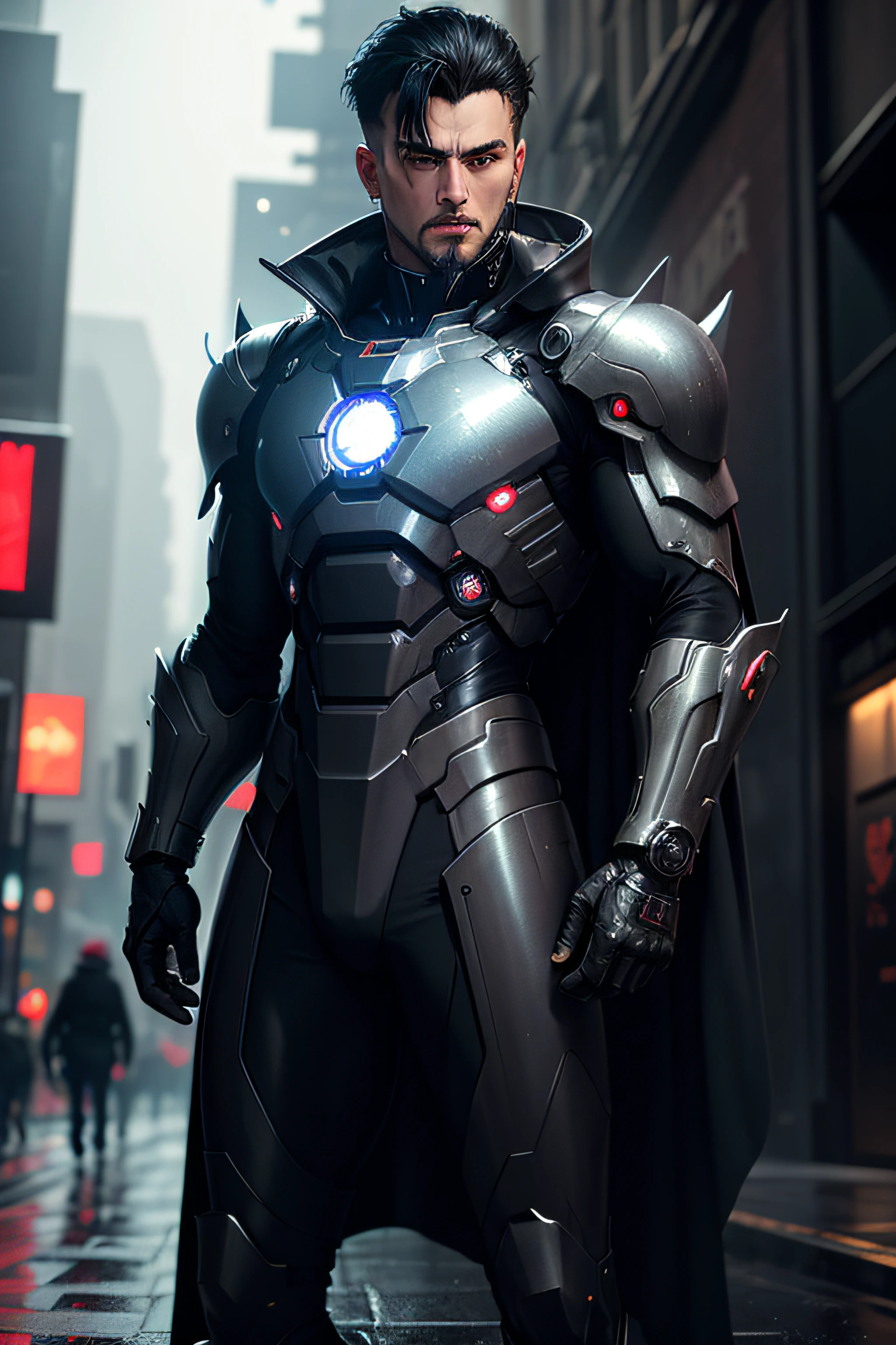 masterpiece, best quality, masterpiece, in the rainy streets of a cyberpunk city at night, domination of a tall dark realistic full body evil man wizard, wearing a ironman suit, dark energy, void, empty eyes, (extremely evil), dark magic, dark forest, standing by a dark tree, wearing a robe, mechanical hands, negative energy, hell, void, stars, black hair, reflective details,