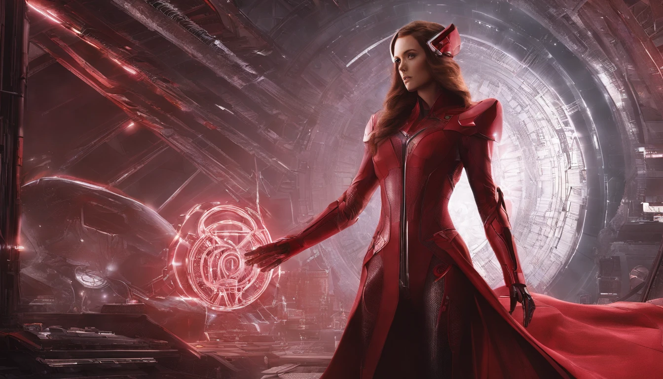 "An artistic depiction of the Scarlet Witch transformed into a mystical and technologically advanced robot. The art style combines the warping abilities of reality and the sorceress presence of the Scarlet Witch with the advanced design of a robot. The robot is set against the backdrop of spinning magical energies and futuristic technology, exuding an aura of enchantment and innovation. The transformation design perfectly integrates the red costume of the Scarlet Witch, along with his iconic headpiece and mystical powers, in robotic form. This image draws inspiration from both Marvel Comics and the aesthetics of science fiction, creating a captivating blend of magic and mechanical brilliance. The camera angle captures the robotic character in a fascinating and otherworldly pose. Rendering style combines metallic textures, magic colors, and dynamic lighting to emphasize the fusion of mysticism and advanced machinery."