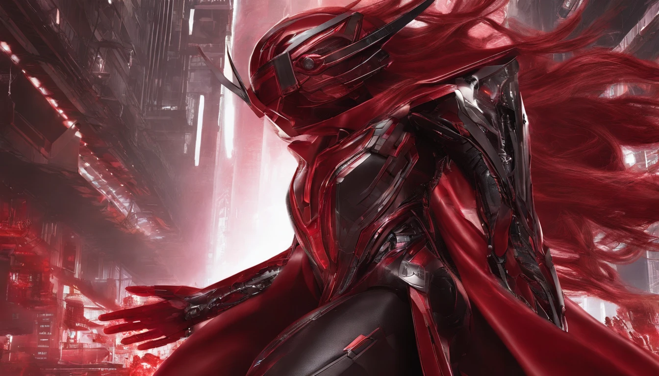 "An artistic depiction of the Scarlet Witch transformed into a mystical and technologically advanced robot. The art style combines the warping abilities of reality and the sorceress presence of the Scarlet Witch with the advanced design of a robot. The robot is set against the backdrop of spinning magical energies and futuristic technology, exuding an aura of enchantment and innovation. The transformation design perfectly integrates the red costume of the Scarlet Witch, along with his iconic headpiece and mystical powers, in robotic form. This image draws inspiration from both Marvel Comics and the aesthetics of science fiction, creating a captivating blend of magic and mechanical brilliance. The camera angle captures the robotic character in a fascinating and otherworldly pose. Rendering style combines metallic textures, magic colors, and dynamic lighting to emphasize the fusion of mysticism and advanced machinery."