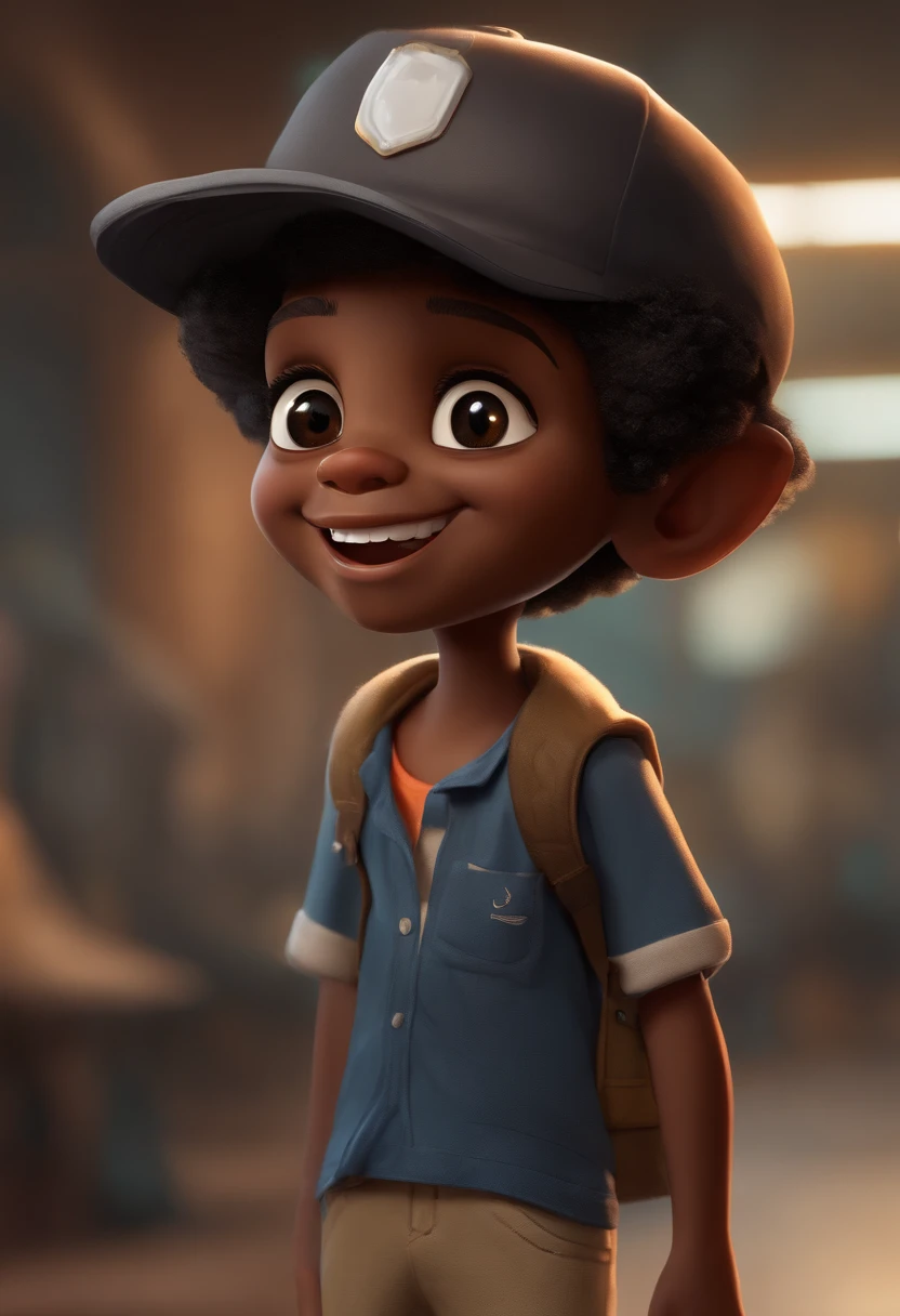 cartoon caricature, adorable, wearing shorts and a t-shirt, wearing cap, beautiful black boy standing full length, 35mm lens, with big eyes, smiling, little ears, intense colors, super valuable details, intricate details, volumetric lighting, digital art, 8k, art season trends, clear focus, complex details, high detail, Greg Rutkowski's big eyes, high resolution, more visible in high definition, furry curved tail waving