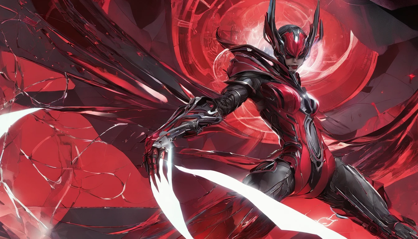 "An artistic depiction of the Scarlet Witch transformed into a mystical and technologically advanced robot. The art style combines the warping abilities of reality and the sorceress presence of the Scarlet Witch with the advanced design of a robot. The robot is set against the backdrop of spinning magical energies and futuristic technology, exuding an aura of enchantment and innovation. The transformation design perfectly integrates the red costume of the Scarlet Witch, along with his iconic headpiece and mystical powers, in robotic form. This image draws inspiration from both Marvel Comics and the aesthetics of science fiction, creating a captivating blend of magic and mechanical brilliance. The camera angle captures the robotic character in a fascinating and otherworldly pose. Rendering style combines metallic textures, magic colors, and dynamic lighting to emphasize the fusion of mysticism and advanced machinery."