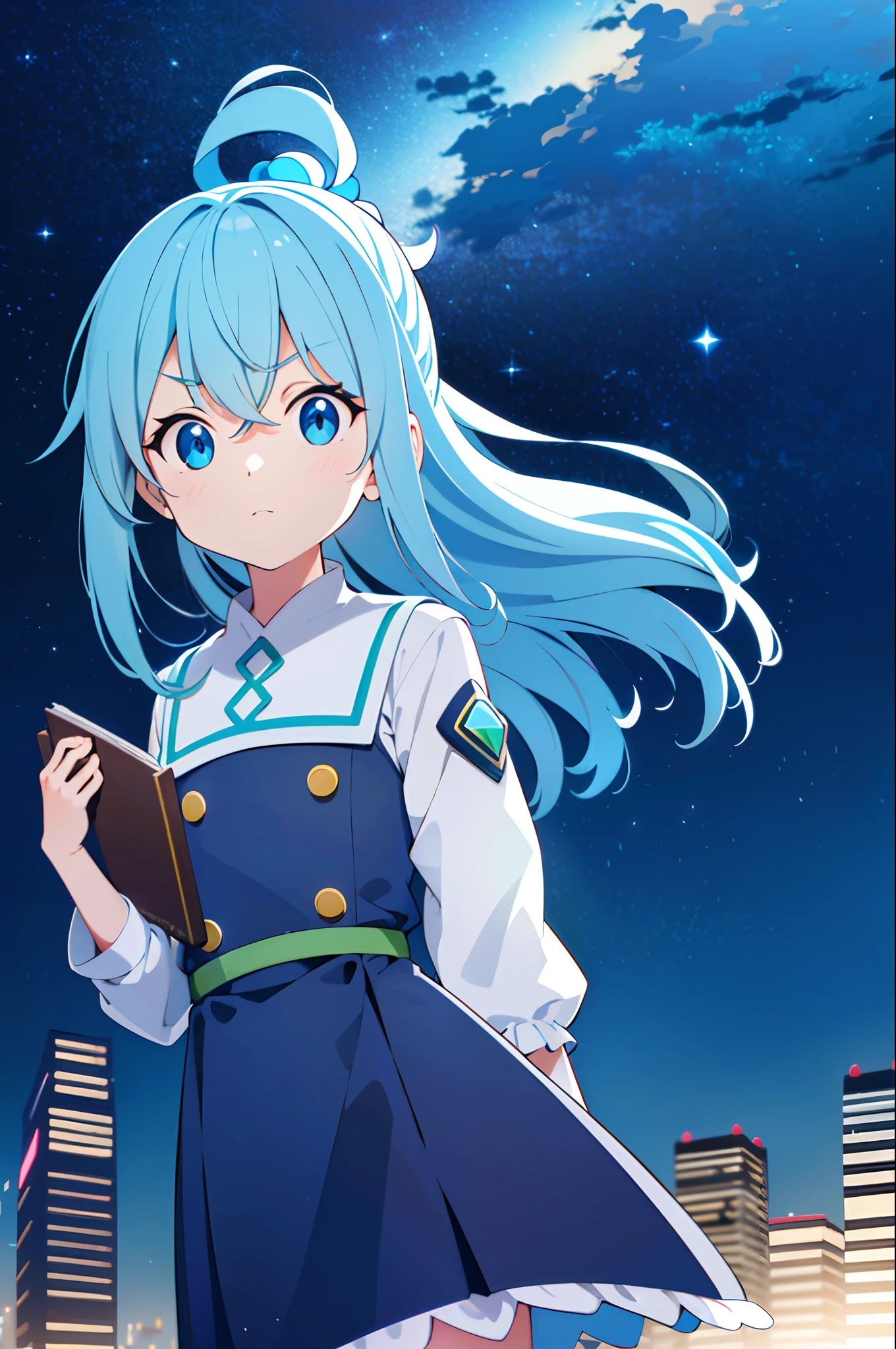 sozinho, 1Aqua Konosuba, cabelos azuis longos, olhos azuis, cowboy shot, no expression, ao ar livre, neon lights, Cityscape, noite, Starry sky