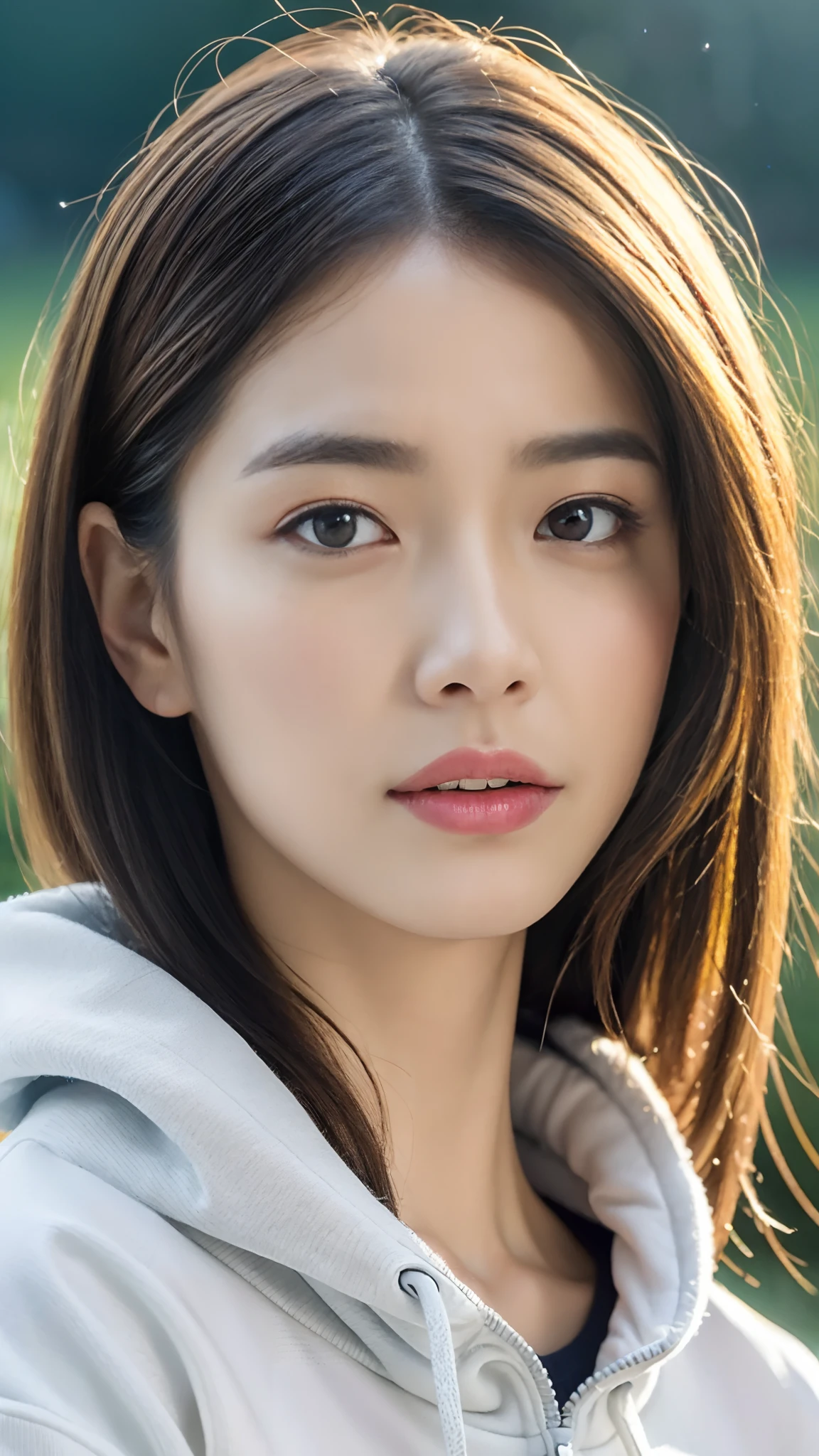 The highest image quality, masterpiece, 超A high resolution, (fidelity:1.4), a photo of a, 1 girl in,Highly detailed face and skin texture, Detailed eyes, Photorealistic eyes, Beautiful detailed eyes, (Realistic skin), Attractive, 超A high resolution, A hyper-realistic, ighly detailed, Golden proportions, (Sweatshirt, RunningShoes),, Poor, Watery eyes, Watery eyes,,