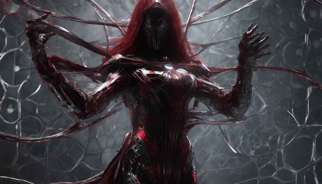 "An artistic depiction of the Scarlet Witch transformed into a mystical and technologically advanced robot. The art style combines the warping abilities of reality and the sorceress presence of the Scarlet Witch with the advanced design of a robot. The robot is set against the backdrop of spinning magical energies and futuristic technology, exuding an aura of enchantment and innovation. The transformation design perfectly integrates the red costume of the Scarlet Witch, along with his iconic headpiece and mystical powers, in robotic form. This image draws inspiration from both Marvel Comics and the aesthetics of science fiction, creating a captivating blend of magic and mechanical brilliance. The camera angle captures the robotic character in a fascinating and otherworldly pose. Rendering style combines metallic textures, magic colors, and dynamic lighting to emphasize the fusion of mysticism and advanced machinery."