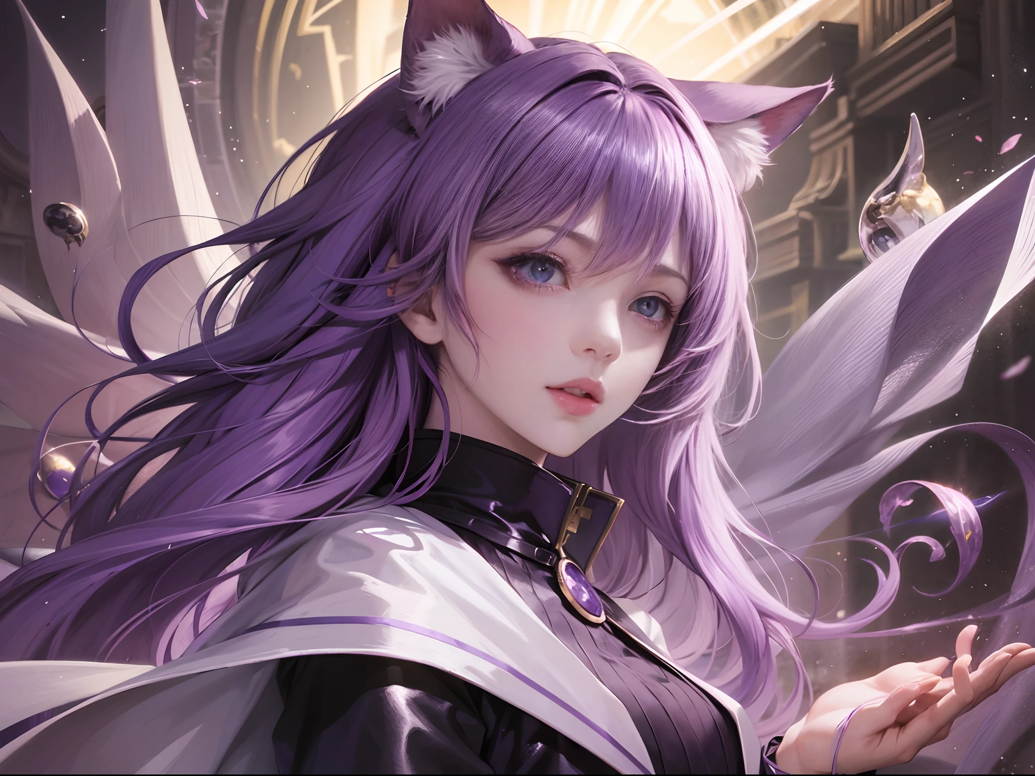 Anime Characters Purple Haired Girl Cat Eared Girl Cat Lady Magic Element Girl Nature Element Purple Pupil Girl Speech Spirit Magic Light Effects Masterpiece Gradient Shadow Purple Shade