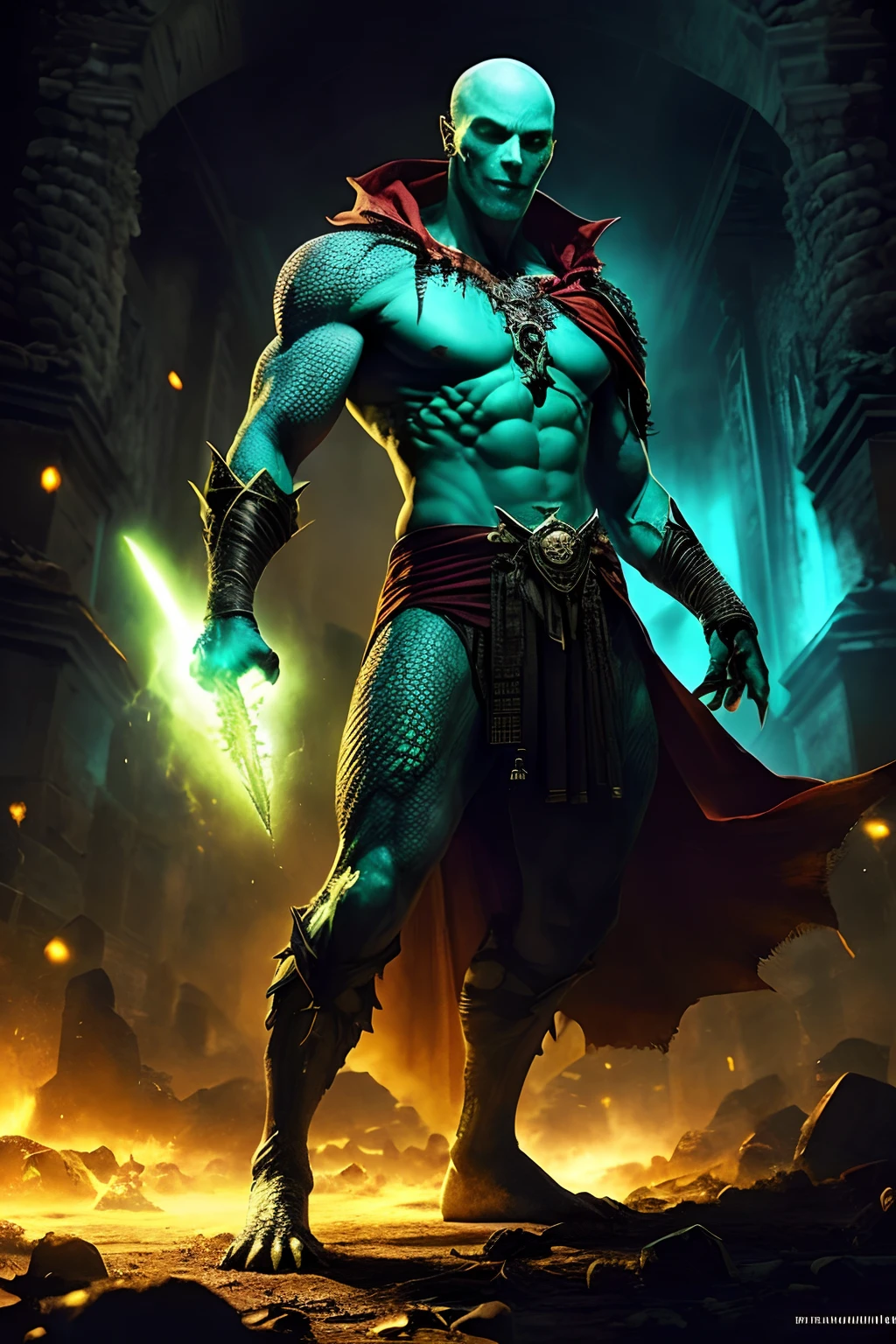 (papel de parede 8k extremamente detalhado), An average photo of a necromancer reptilian man, intrincado, alto detalhe, Dramatic
