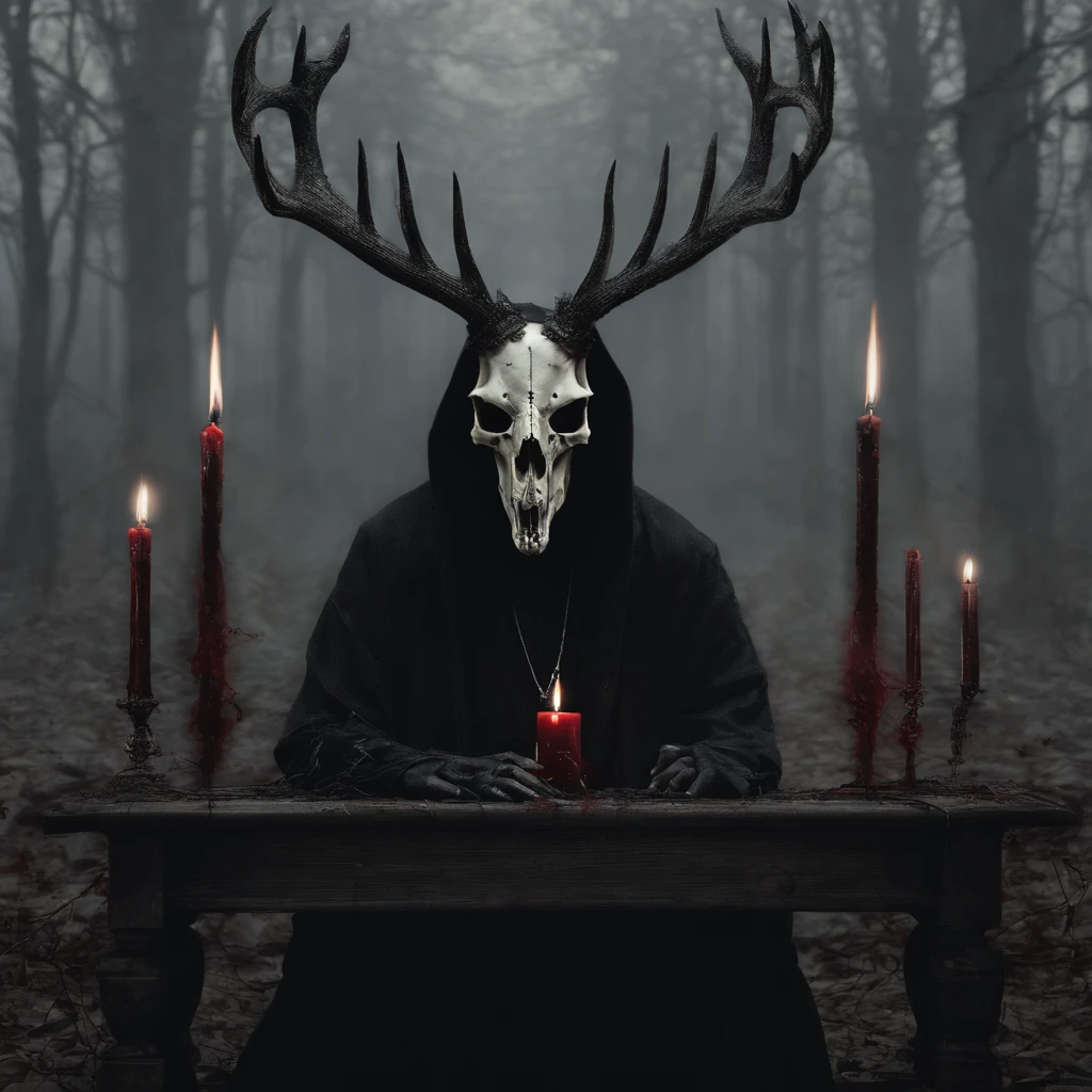 (a person wearing a black hooded robe and a satanic deer skull,a wax candle),(best quality,highres,gloomy,horror,satanic,dark color scheme),dimly lit background,gloomy atmosphere,flickering candle light,creepy vibes,detailed robe texture,dark and mysterious,haunting shadows,spooky aura,sinister expression in the eyes,subtle glow on the candle flame, cinematic camera angle, photo realistic, clear deer skull, highred deer skull, blood on deer skull, wax dripping, chains hanging from background, dark color scheme, satanic crosses in background