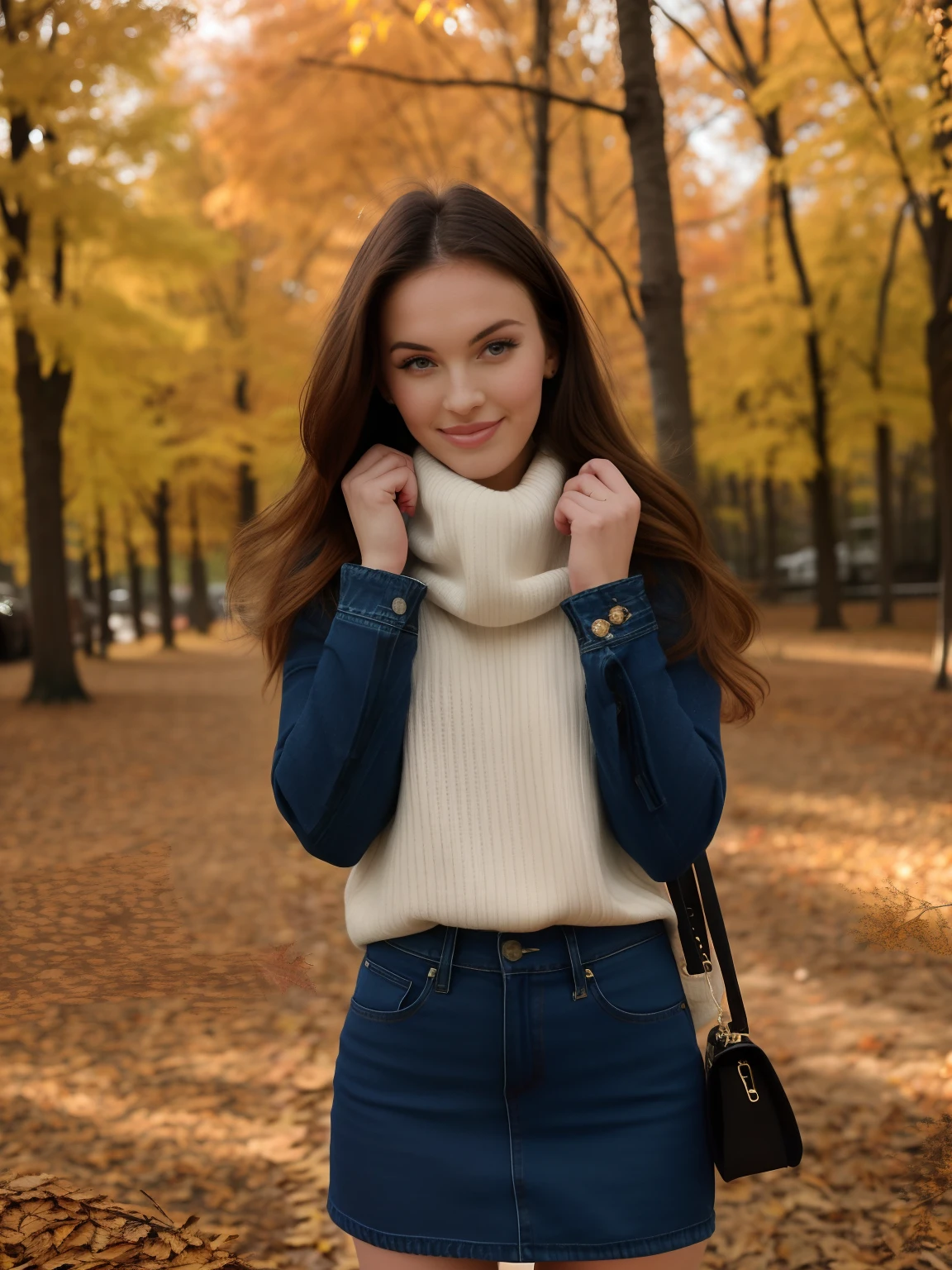 arafed woman in a denim skirt and a white sweater and a black purse, wearing turtleneck, wearing a turtleneck and jacket, style of julia razumova, in fall, anna nikonova aka newmilky, fall season, wearing a sweater, anna nikonova, in the autumn, cute young woman, in white turtleneck shirt