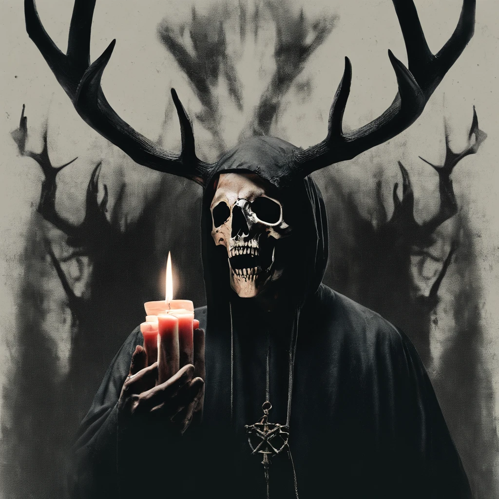(a person wearing a black hooded robe and a satanic deer skull,a wax candle),(best quality,highres,gloomy,horror,satanic,dark color scheme),dimly lit background,gloomy atmosphere,flickering candle light,creepy vibes,detailed robe texture,dark and mysterious,haunting shadows,spooky aura,sinister expression in the eyes,subtle glow on the candle flame, cinematic camera angle, photo realistic, clear deer skull, highred deer skull, blood on deer skull, wax dripping, chains hanging from background, dark color scheme, satanic crosses in background, green souls, green smoke coming from hand