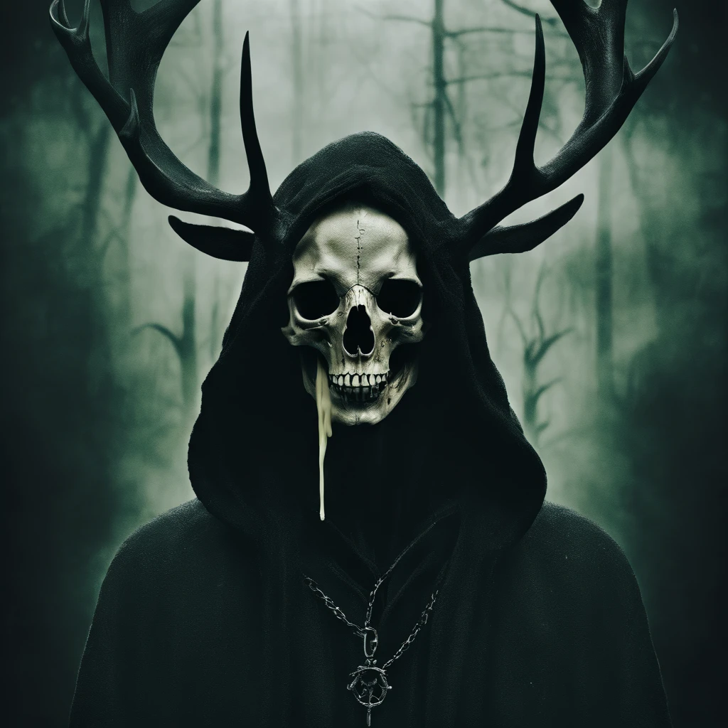 (a person wearing a black hooded robe and a satanic deer skull,a wax candle),(best quality,highres,gloomy,horror,satanic,dark color scheme),dimly lit background,gloomy atmosphere,flickering candle light,creepy vibes,detailed robe texture,dark and mysterious,haunting shadows,spooky aura,sinister expression in the eyes,subtle glow on the candle flame, cinematic camera angle, photo realistic, clear deer skull, highred deer skull, blood on deer skull, wax dripping, chains hanging from background, dark color scheme, satanic crosses in background, satanic alter, satanic crosses, upside down crosses, dark backdrop, summoning spirit, summoning, summon