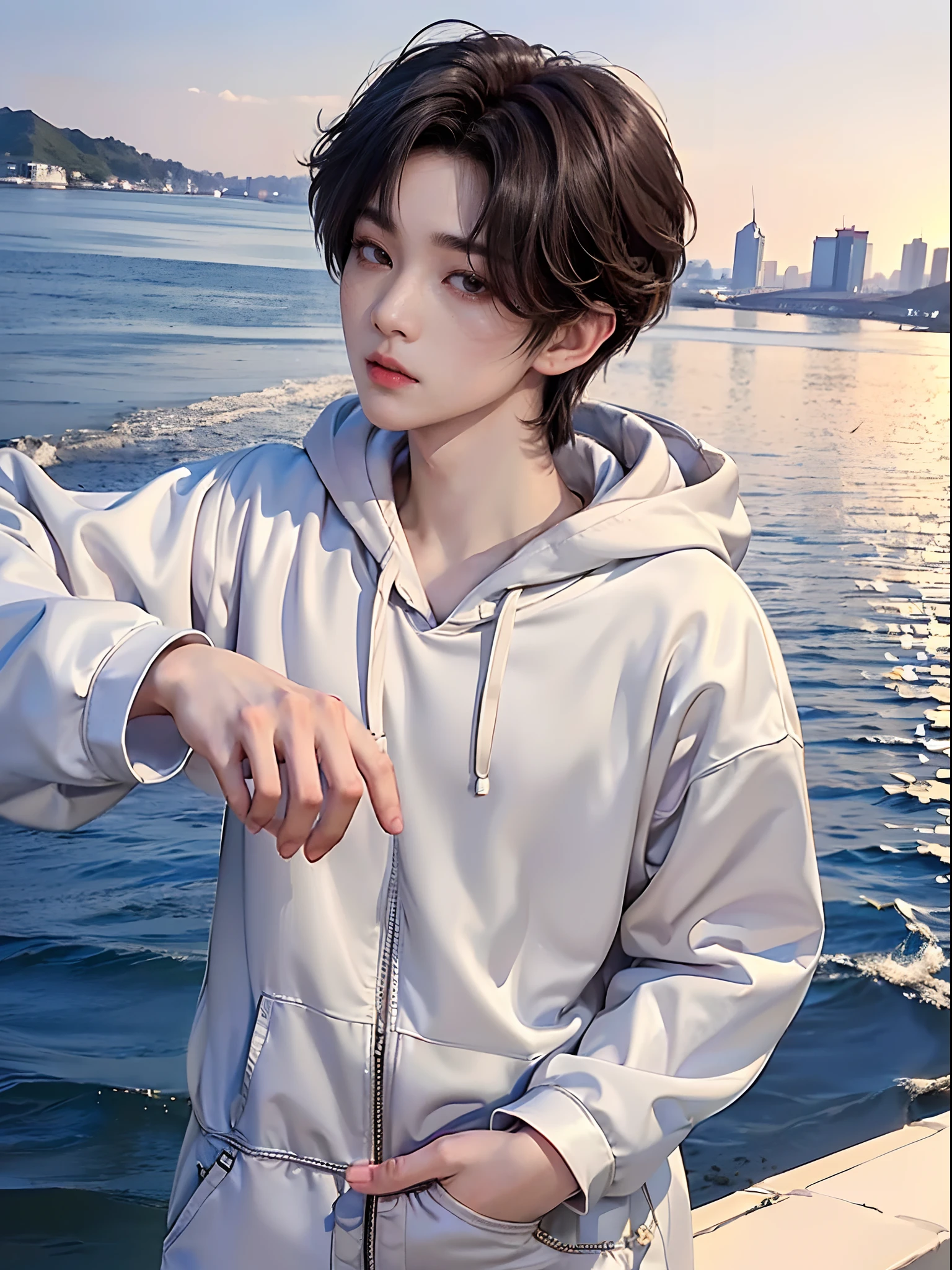 ((4K works))、masterpiece、(top-quality)、((high-level image quality))、Happiness、((One Manly Boy))、K-pop idol photos、Slim body、((Stylish black hoodie and white pants))、(Detailed beautiful eyes)、Stylish city view on background、Face similar to Chaewon in Ruseraphim、((short hair above the ears))、((Smaller face))、((Neutral face))、((Light brown eyes))、((Korean boy))、((18year old))、((Handsome man))、((Korean Makeup))、((elongated and sharp eyes))、((Zoom up to the back of the head))、((Shot from the back of the head))、((shot from back))、((The back of the head is visible))、((Face enhancement))、((Focus zoom in))、((MV shooting))、((Photos of only one person))、