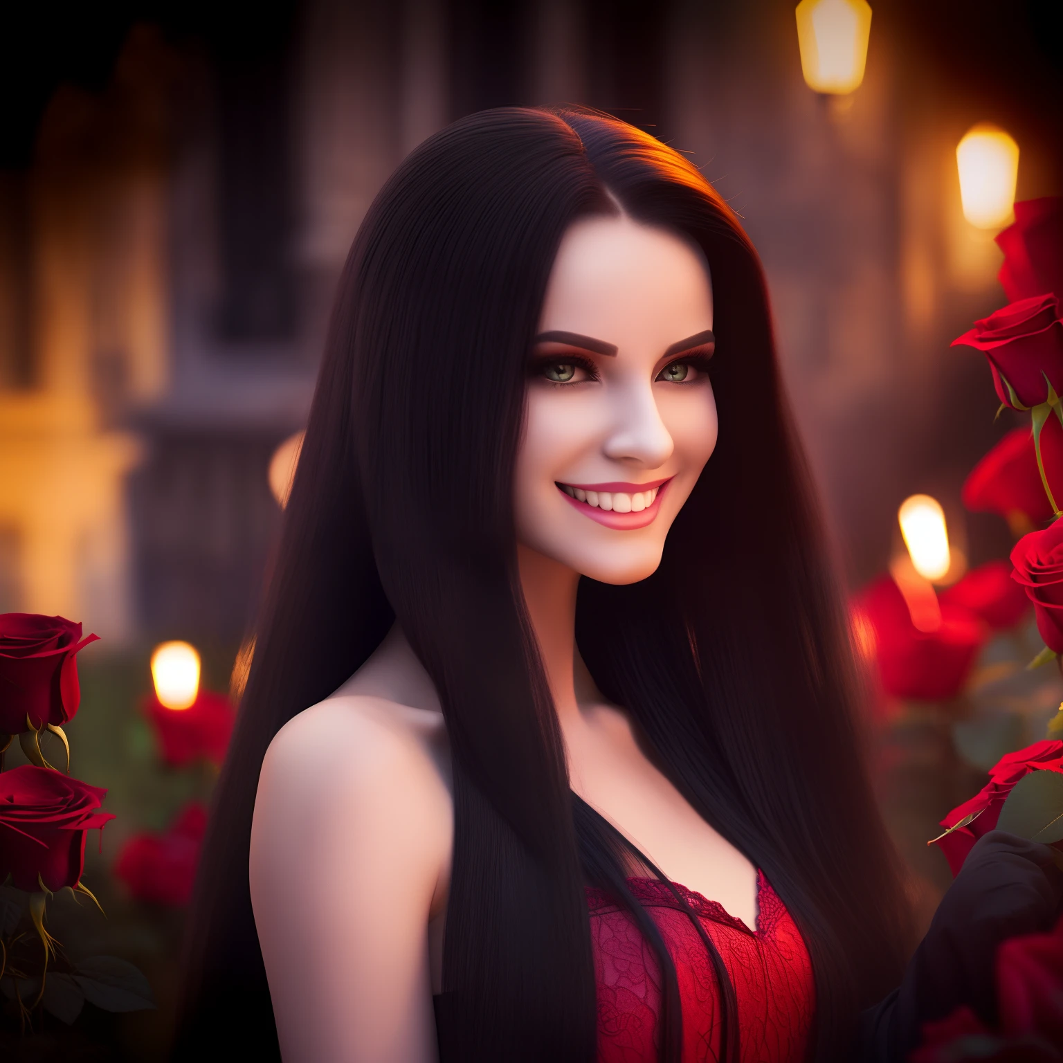 a vampire in love,long flowing hair,blood-red eyes,sharp fangs,listening to classical music in a moonlit garden,a mesmerizing smile,black lace dress,gently holding a red rose in her hand,the rose petals falling like drops of blood(best quality,ultra-detailed,realistic:1.37),dark and romantic,soft candlelight illuminating her porcelain skin,casting elegant shadows on the cobblestone path,vivid colors contrasting with the night's darkness,subtle glow surrounding her,surreal and captivating scene.