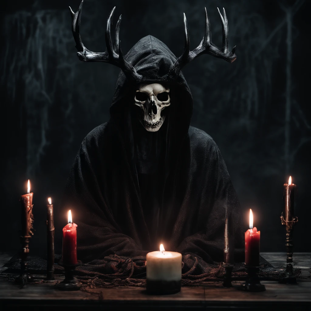 (a person wearing a black hooded robe and a satanic deer skull,a wax candle),(best quality,highres,gloomy,horror,satanic,dark color scheme),dimly lit background,gloomy atmosphere,flickering candle light,creepy vibes,detailed robe texture,dark and mysterious,haunting shadows,spooky aura,sinister expression in the eyes,subtle glow on the candle flame, cinematic camera angle, photo realistic, clear deer skull, highred deer skull, blood on deer skull, wax dripping, chains hanging from background, dark color scheme, satanic crosses in background, satanic alter, satanic crosses, upside down crosses, dark backdrop