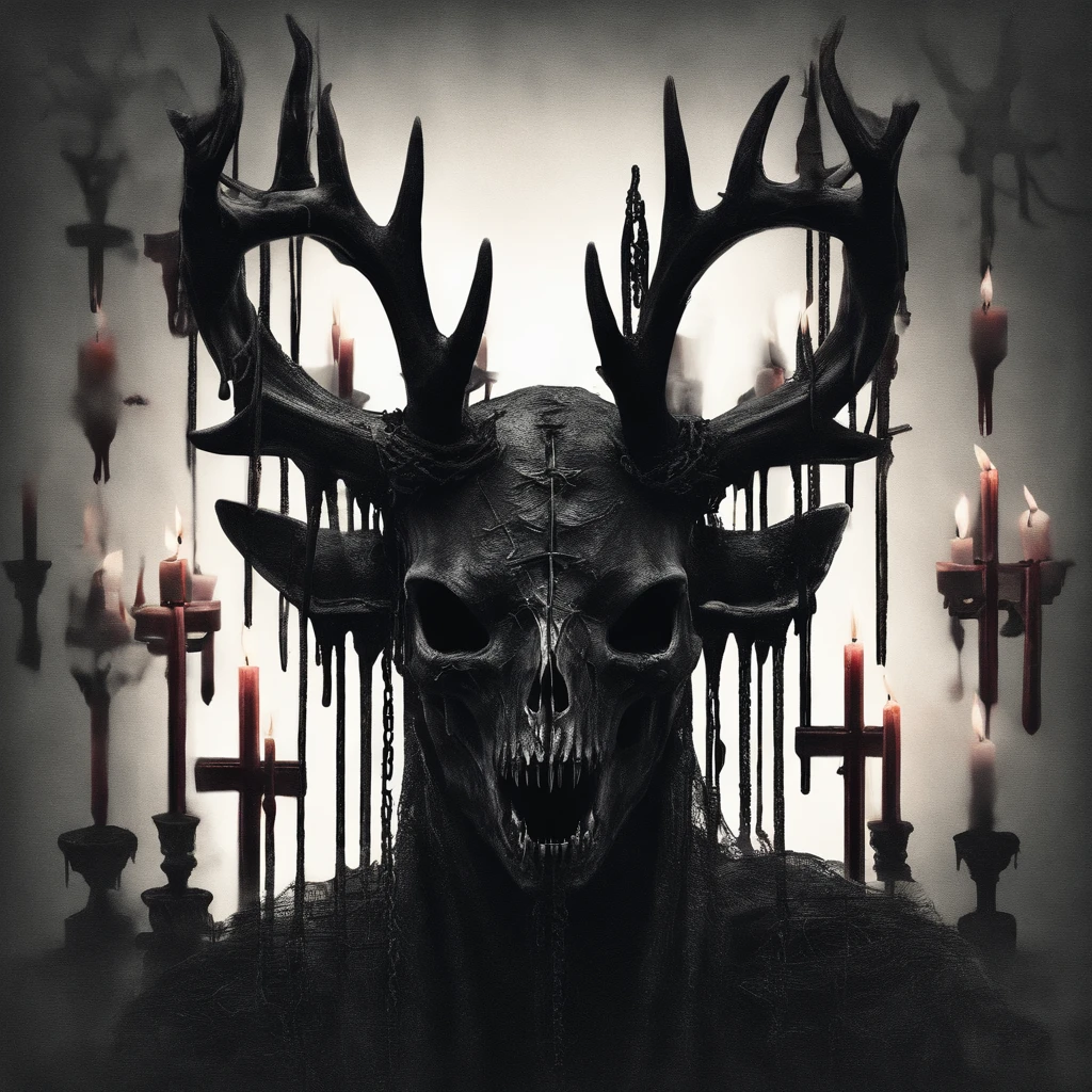 (a person wearing a black hooded robe and a satanic deer skull,a wax candle),(best quality,highres,gloomy,horror,satanic,dark color scheme),dimly lit background,gloomy atmosphere,flickering candle light,creepy vibes,detailed robe texture,dark and mysterious,haunting shadows,spooky aura,sinister expression in the eyes,subtle glow on the candle flame, cinematic camera angle, photo realistic, clear deer skull, highred deer skull, blood on deer skull, wax dripping, chains hanging from background, dark color scheme, satanic crosses in background, satanic alter, satanic crosses, upside down crosses, dark backdrop