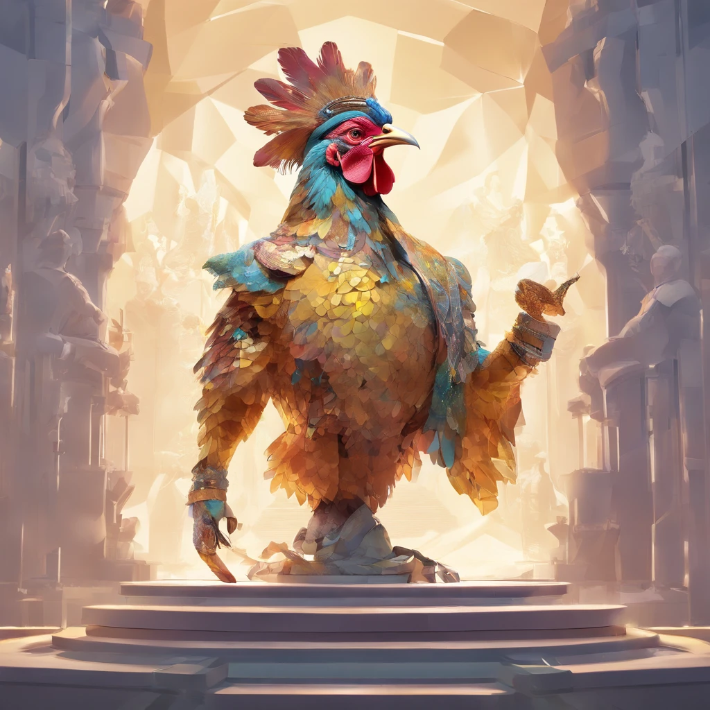 body builder、Only the head is a chicken human、colourfull、Perfect alignment, body builder、Chickens only the head,Crystal Vase,Rose flower, Wearing sunglasses, cheerfulness, Standing position, Abstract beauty, Centered, Looking at the camera, Facing the camera, Approaching perfection, Dynamic, Highly detailed, Smooth, Sharp Focus, 8K, hight resolution, Illustration, art by carne griffiths and wadim kashin, White background、Kitchen car、body builder、Man with a chicken head、Create a captivating photoshoot featuring Chicken Man, Wear a magnificent tanjak as a traditional headpiece. A majestic head places a chicken human on an enchanting grand throne, Castle in Another World. Use creative editing techniques、Head blends chicken human and luxurious settings seamlessly, Elevate the overall atmosphere with subtle magic and ethereal elements. This piece should evoke a strong sense of awe, power, and Enchanted, Head dressed in glittering yellow costume、Invites viewers into an enchanting and mythical world ruled by a human chicken king