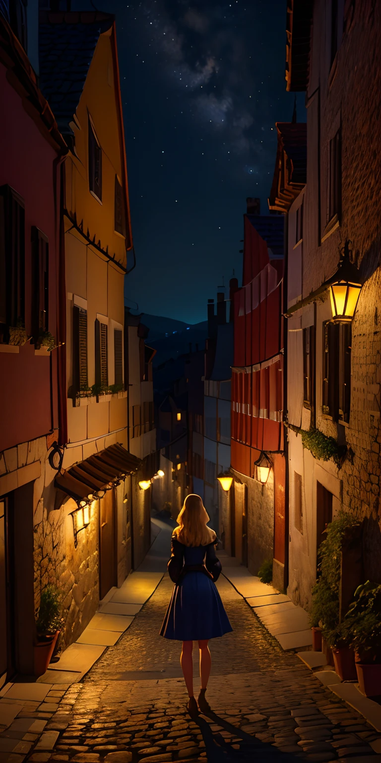 realisitic,Medieval European streets at night、A girl is watching from the top of a hill