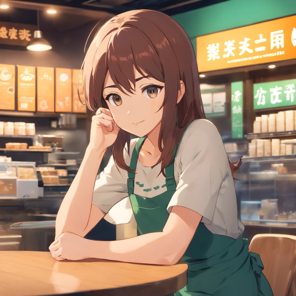 garota anime, Drinking coffee at Starbucks, qualidade 8k, cabelos longos, monstrando do tronco para cima, olhando para o copo, bebendo no canudinho
