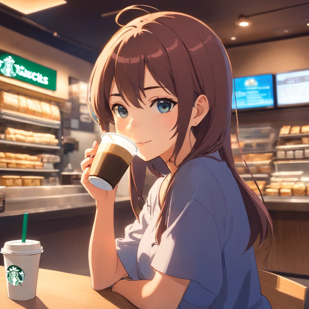Anime girl drinking coffee in a starbucks shop - SeaArt AI