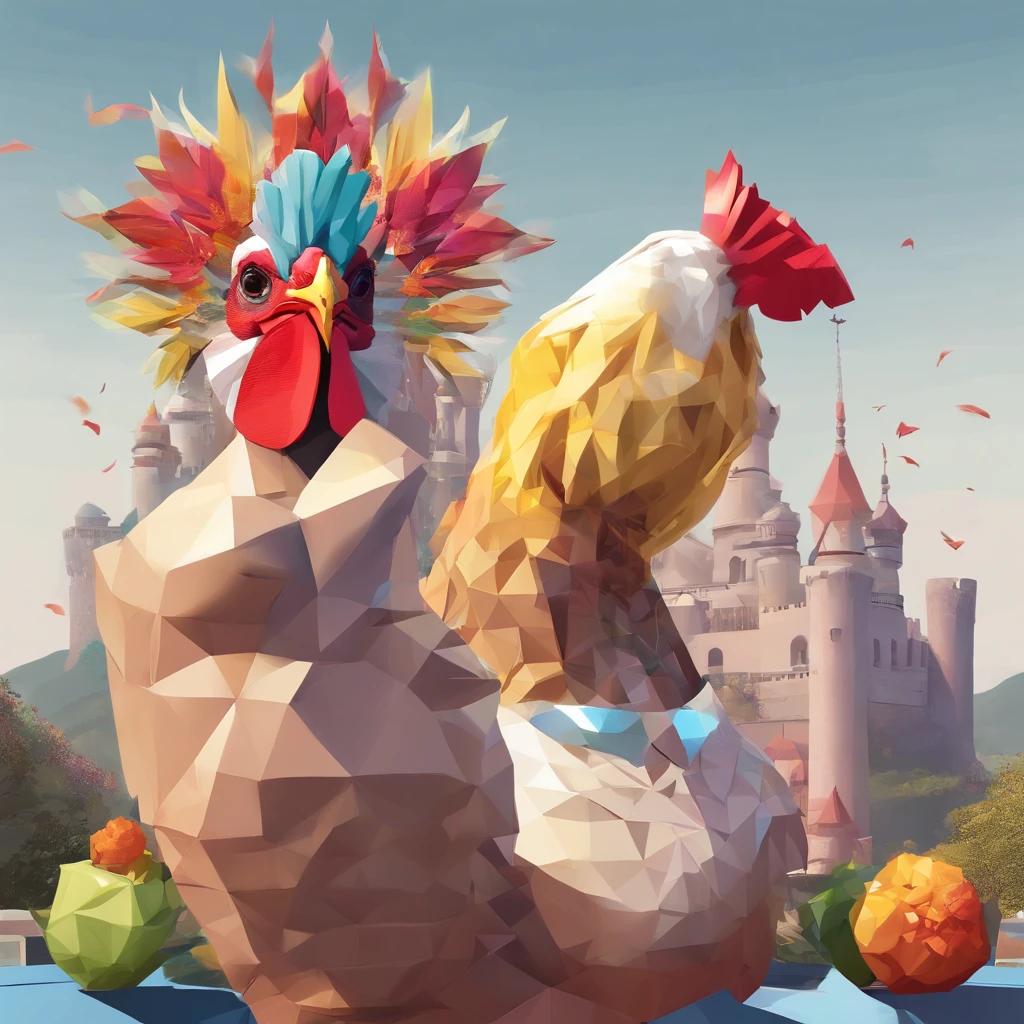 body builder、Only the head is a chicken human、colourfull、Perfect alignment, body builder、Chickens only the head,Crystal Vase,Rose flower, Wearing sunglasses, cheerfulness, Standing position, Abstract beauty, Centered, Looking at the camera, Facing the camera, Approaching perfection, Dynamic, Highly detailed, Smooth, Sharp Focus, 8K, hight resolution, Illustration, art by carne griffiths and wadim kashin, White background、Kitchen car、body builder、Man with a chicken head、Create a captivating photoshoot featuring Chicken Man, Wear a magnificent tanjak as a traditional headpiece. A majestic head places a chicken human on an enchanting grand throne, Castle in Another World. Use creative editing techniques、Head blends chicken human and luxurious settings seamlessly, Elevate the overall atmosphere with subtle magic and ethereal elements. This piece should evoke a strong sense of awe, power, and Enchanted, Head dressed in glittering yellow costume、Invites viewers into an enchanting and mythical world ruled by a human chicken king、full bodyesbian、total、fights