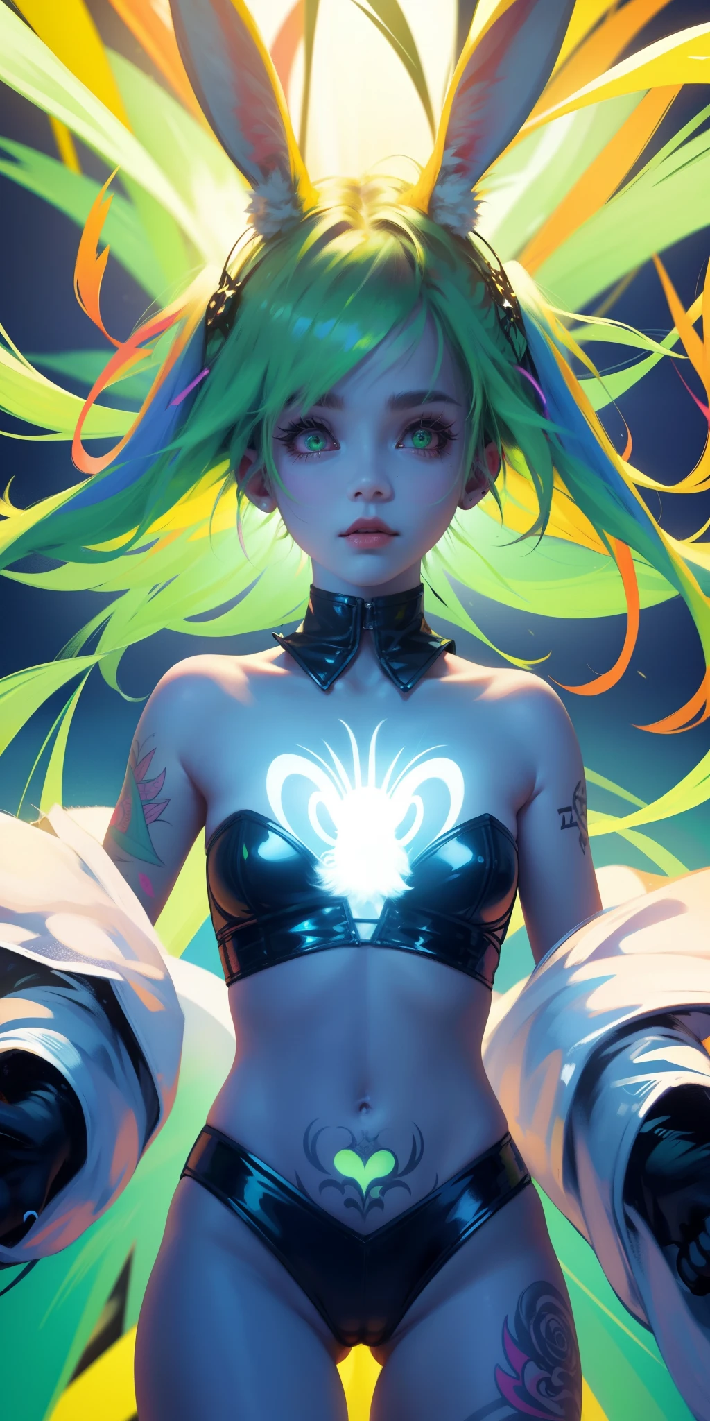 Rabbit technique , sci-fy, Fluffy , 
1girll, Tattoos, Glowing tattoos, Glowing eyes, Colorful glowing hair , （full bodyesbian）, Green hair,Open navel
  Kavitek, Pastel colors, kawaii, cutecolors,