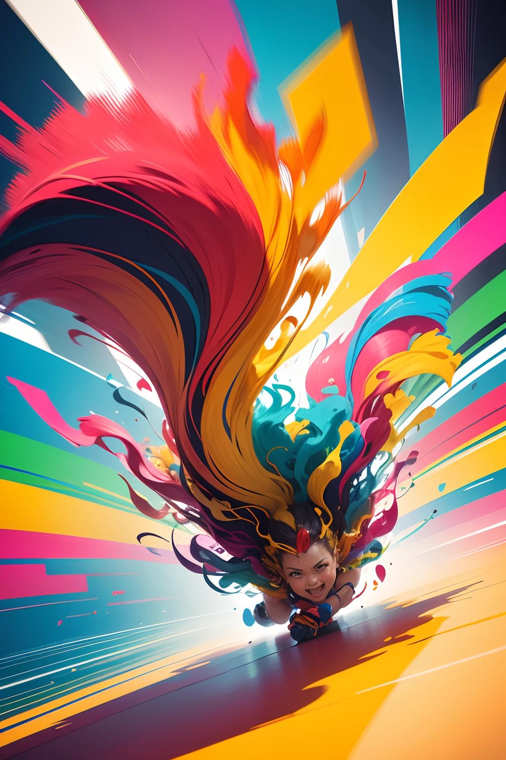 Colorful, Abstract, Vibrant, Energetic, Joyful, Dynamic, flowing lines, Bold brush strokes, Playful form, Lively composition, Cheerful, Happy, uplifting, Vibrant colors, Harmonious, Lively atmosphere, vivid imagination, Expressive, Active movement, Rhythmic patterns, Energy explosion, Active interaction, Playful interplay of colors and shapes, Joyful celebration of life, Carefree spirit, sense of freedom, Vibrant Palette, lively texture, Dynamic Layers, An exciting journey, Spontaneous creativity